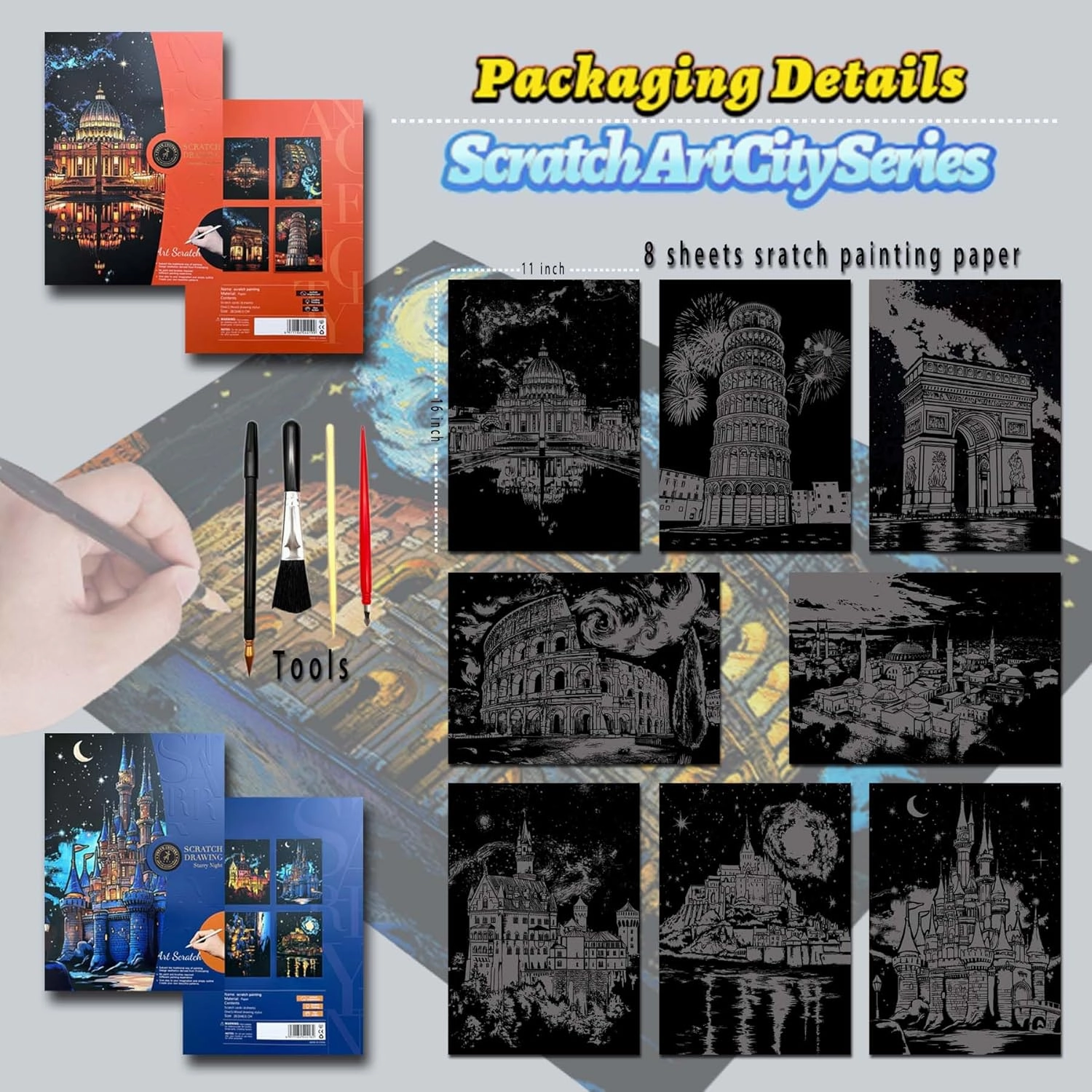 Rainbow Scratch Painting Art Kit - Family Friendly Crafts for Adults and Children, DIY Craft Kit with 4 Tools and 8 Sheets of Paper, Ancient Cities Series Creative Gifts (European)-DESINIK