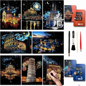 Rainbow Scratch Painting Art Kit - Family Friendly Crafts for Adults and Children, DIY Craft Kit with 4 Tools and 8 Sheets of Paper, Ancient Cities Series Creative Gifts (European)-DESINIK