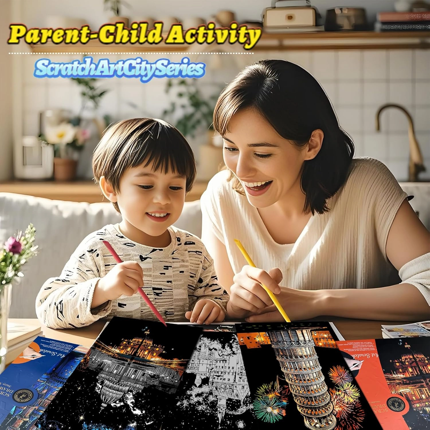 Rainbow Scratch Painting Art Kit - Family Friendly Crafts for Adults and Children, DIY Craft Kit with 4 Tools and 8 Sheets of Paper, Ancient Cities Series Creative Gifts (European)-DESINIK