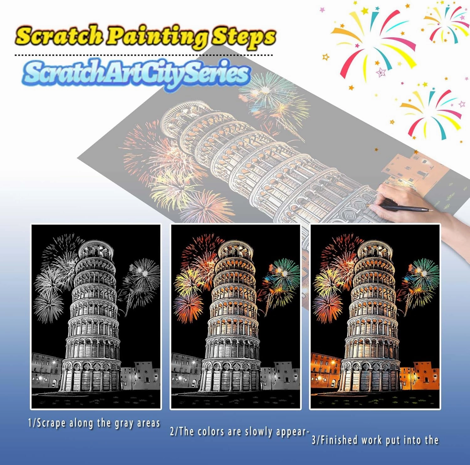 Rainbow Scratch Painting Art Kit - Family Friendly Crafts for Adults and Children, DIY Craft Kit with 4 Tools and 8 Sheets of Paper, Ancient Cities Series Creative Gifts (European)-DESINIK