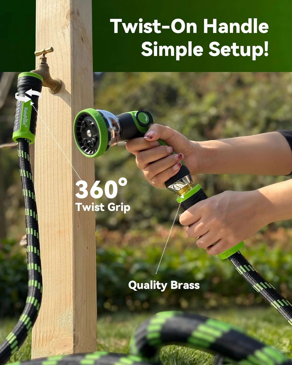 RAINPOINT Metal Garden Hose 50 ft - No-kink 304 Water Hose with 10 mode Nozzle - Brass Connection, Swivel Handle, Flexible Hose,Lightweight, Puncture