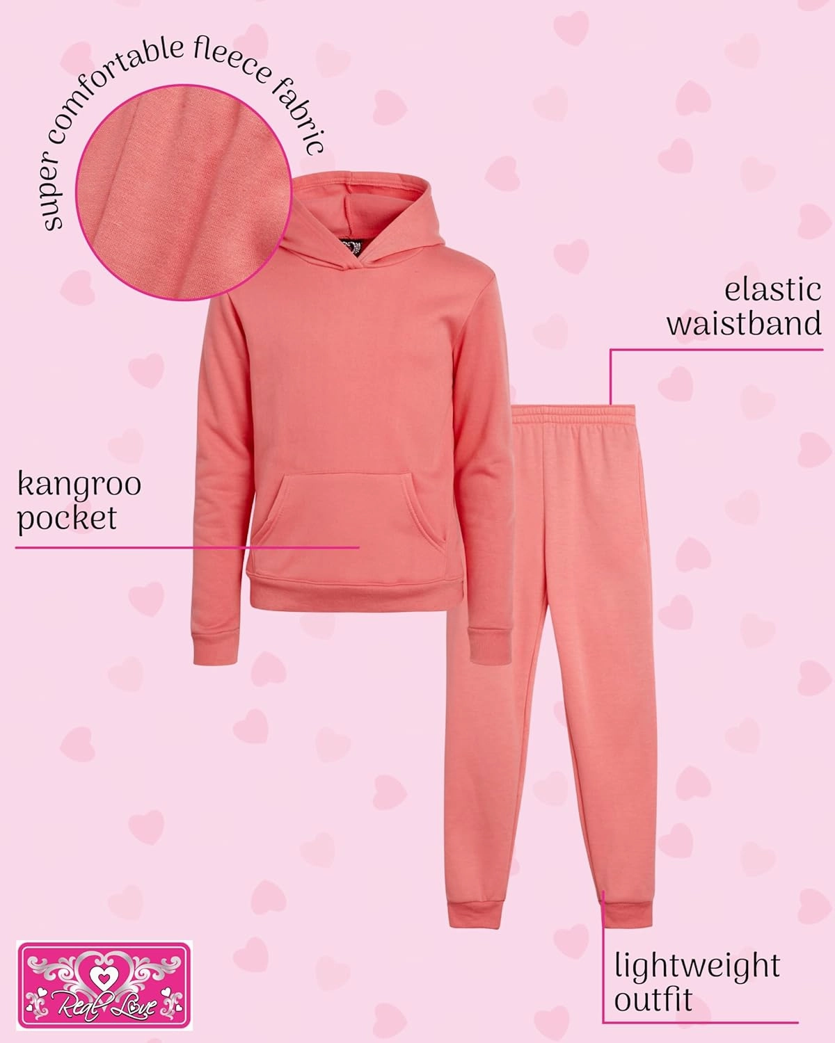 Real Love Girls' Jogger Set - 2 Piece Basic Fleece Pullover Hoodie and Sweatpants (7-16)
