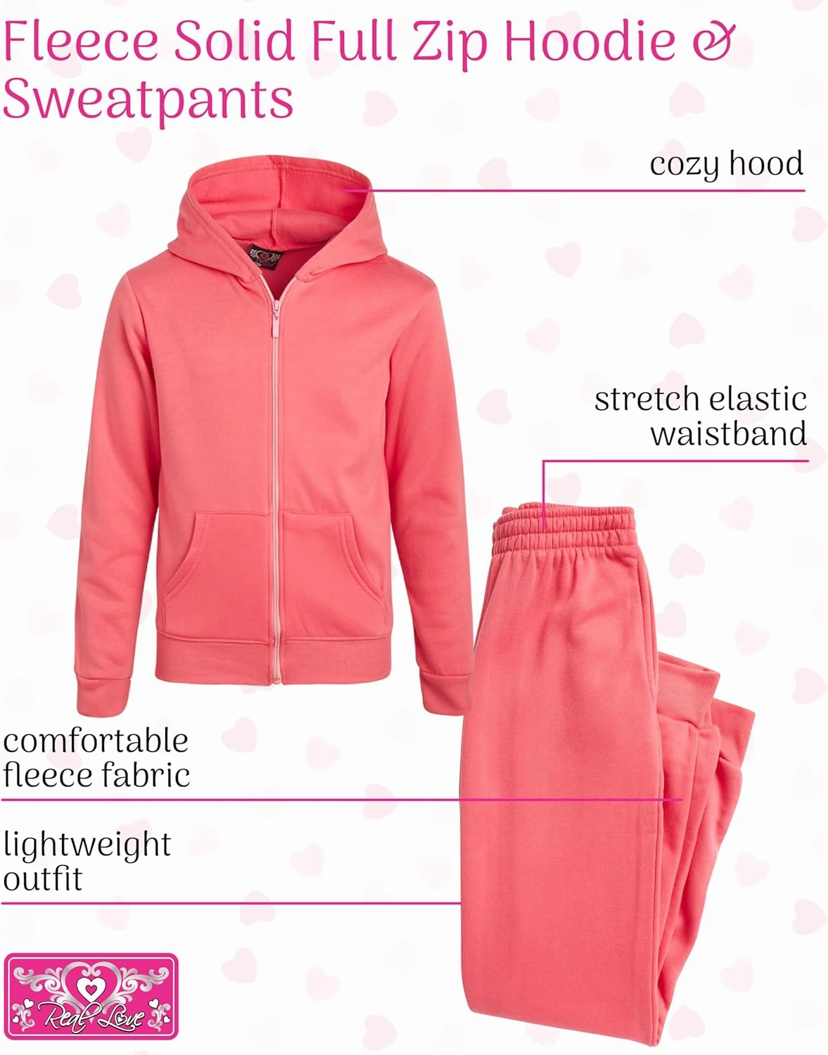 Real Love Girls' Jogger Set - 2 Piece Basic Fleece Solid Full Zip Hoodie and Sweatpants (Size: 7-16)