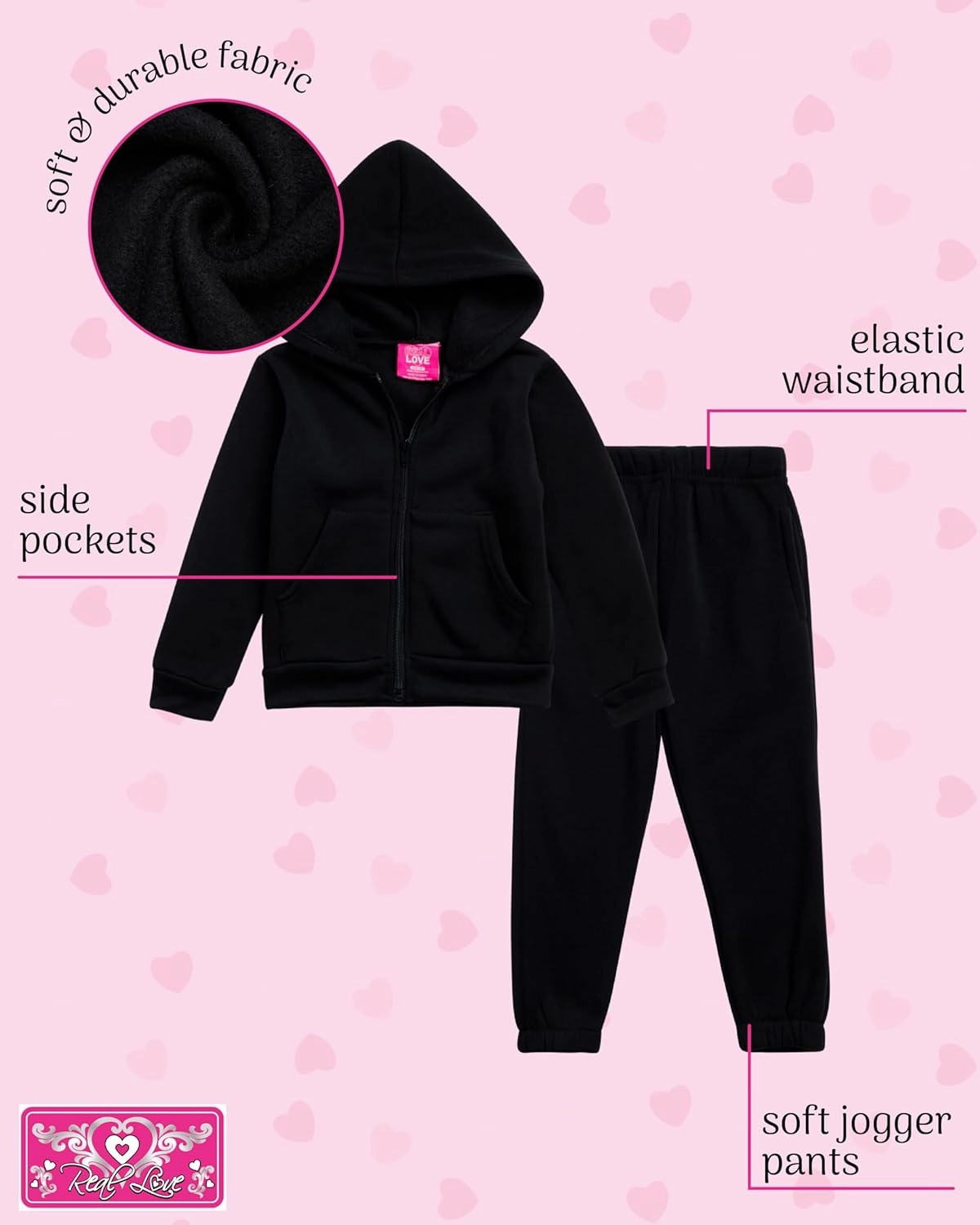 Real Love Girls' Sweatsuit Set - 2 Piece Basic Fleece Hoodie Sweatshirt and Jogger Sweatpants for Toddlers and Girls (2T-6X)