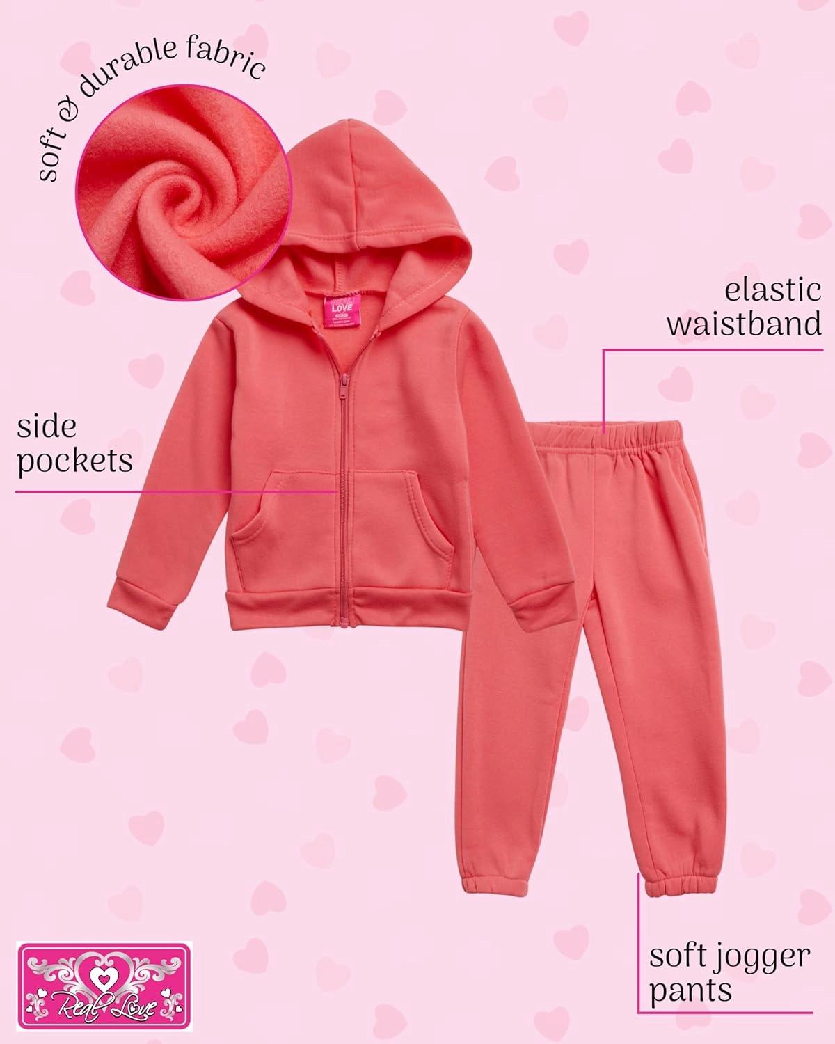 Real Love Girls' Sweatsuit Set - 2 Piece Basic Fleece Hoodie Sweatshirt and Jogger Sweatpants for Toddlers and Girls (2T-6X)
