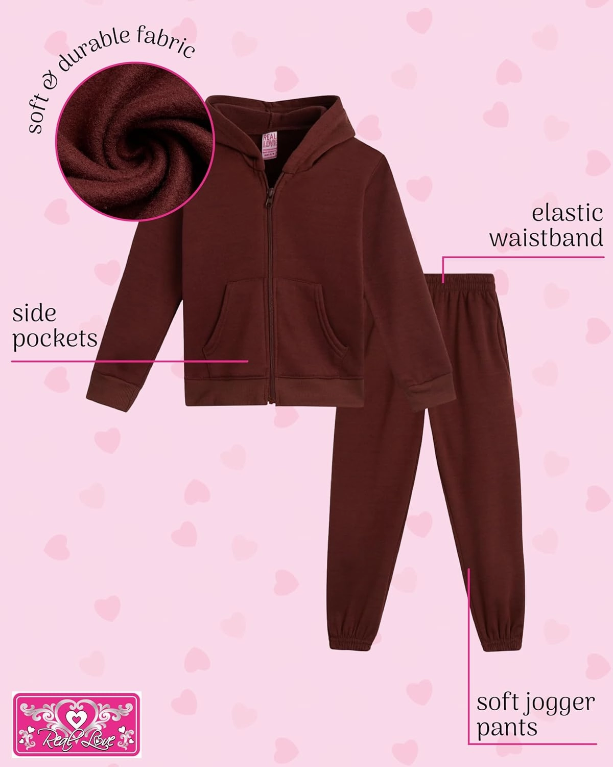Real Love Girls' Sweatsuit Set - 2 Piece Basic Fleece Hoodie Sweatshirt and Jogger Sweatpants for Toddlers and Girls (2T-6X)