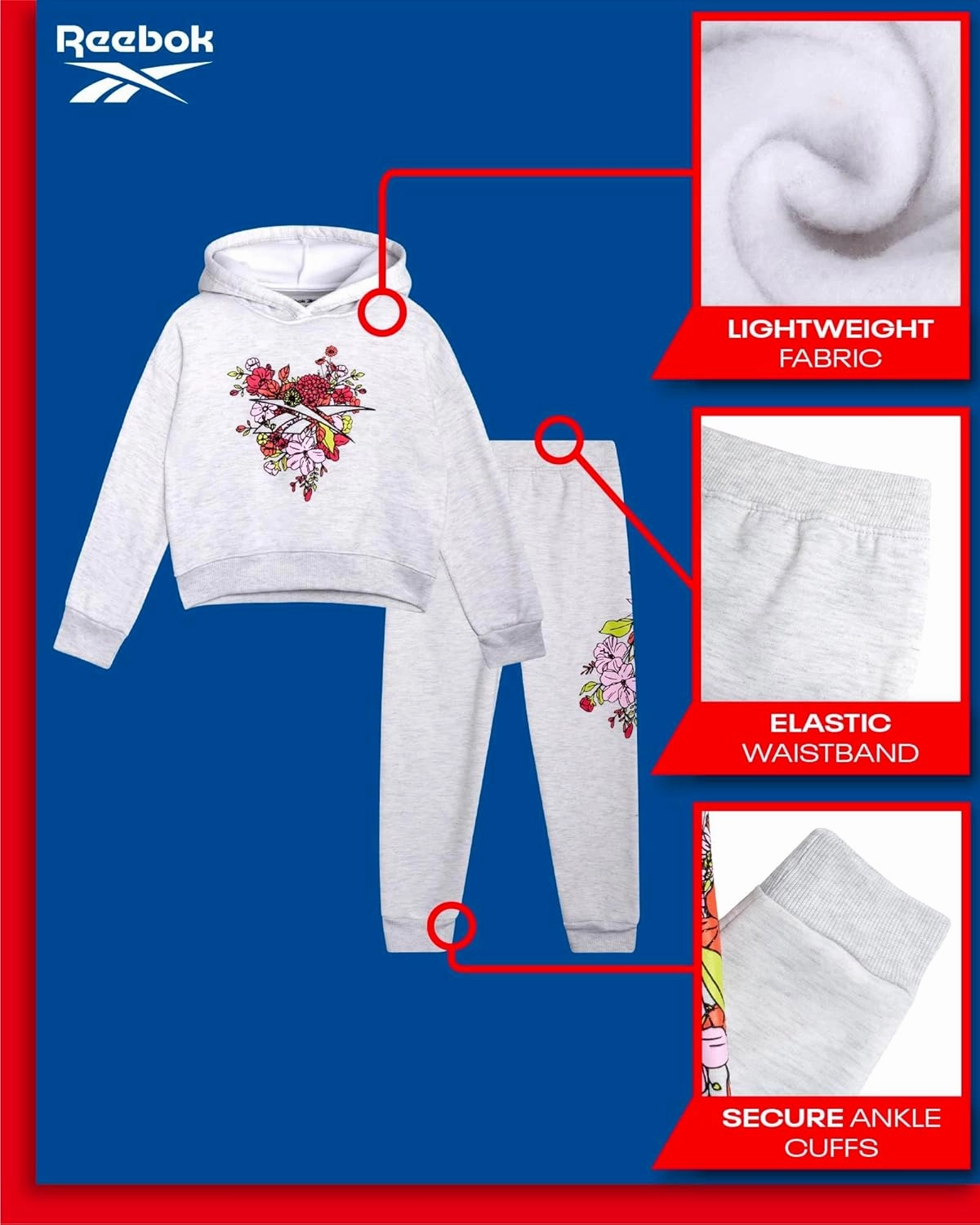 Reebok Girls' Sweatsuit Set - 2 Piece Fleece Hoodie and Jogger Sweatpants (Size: 7-12)