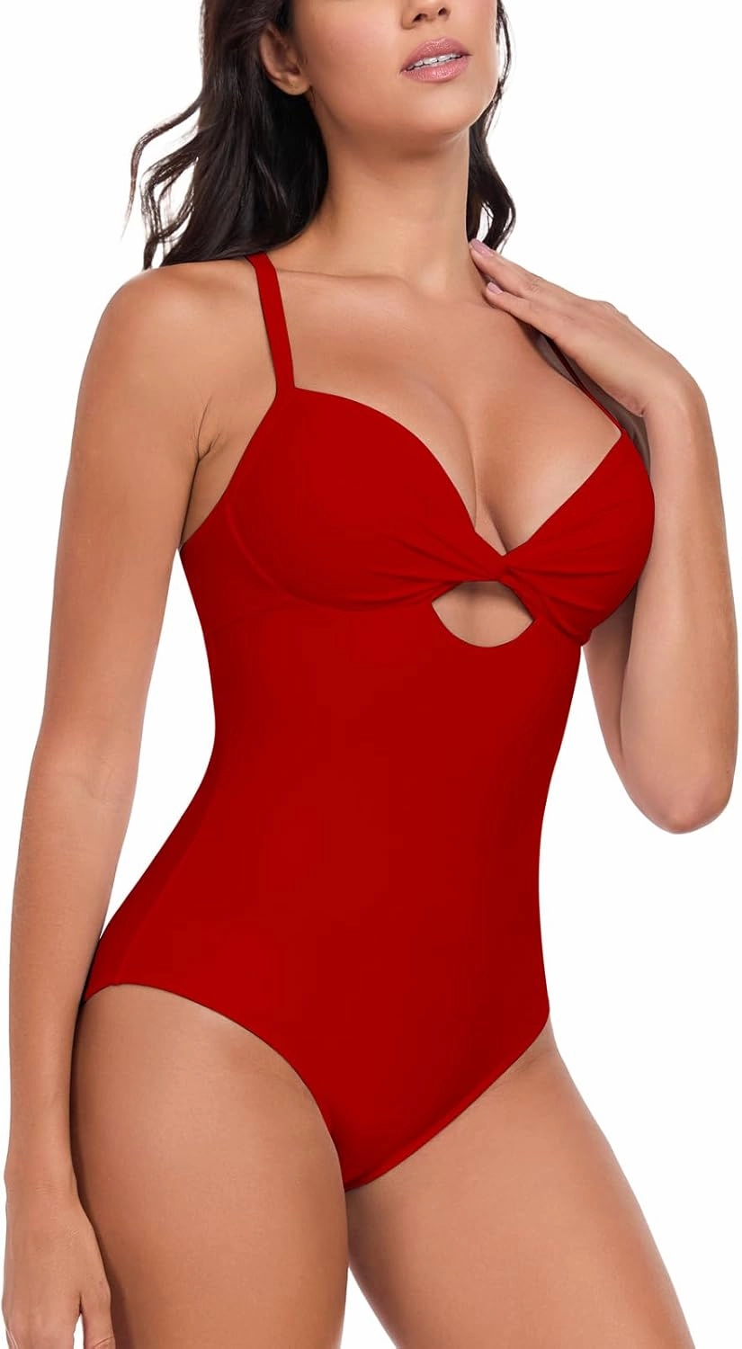 RELLECIGA Women’s Push Up One Piece Swimsuit Twist Front Cutout Adjustable Straps Swimwear