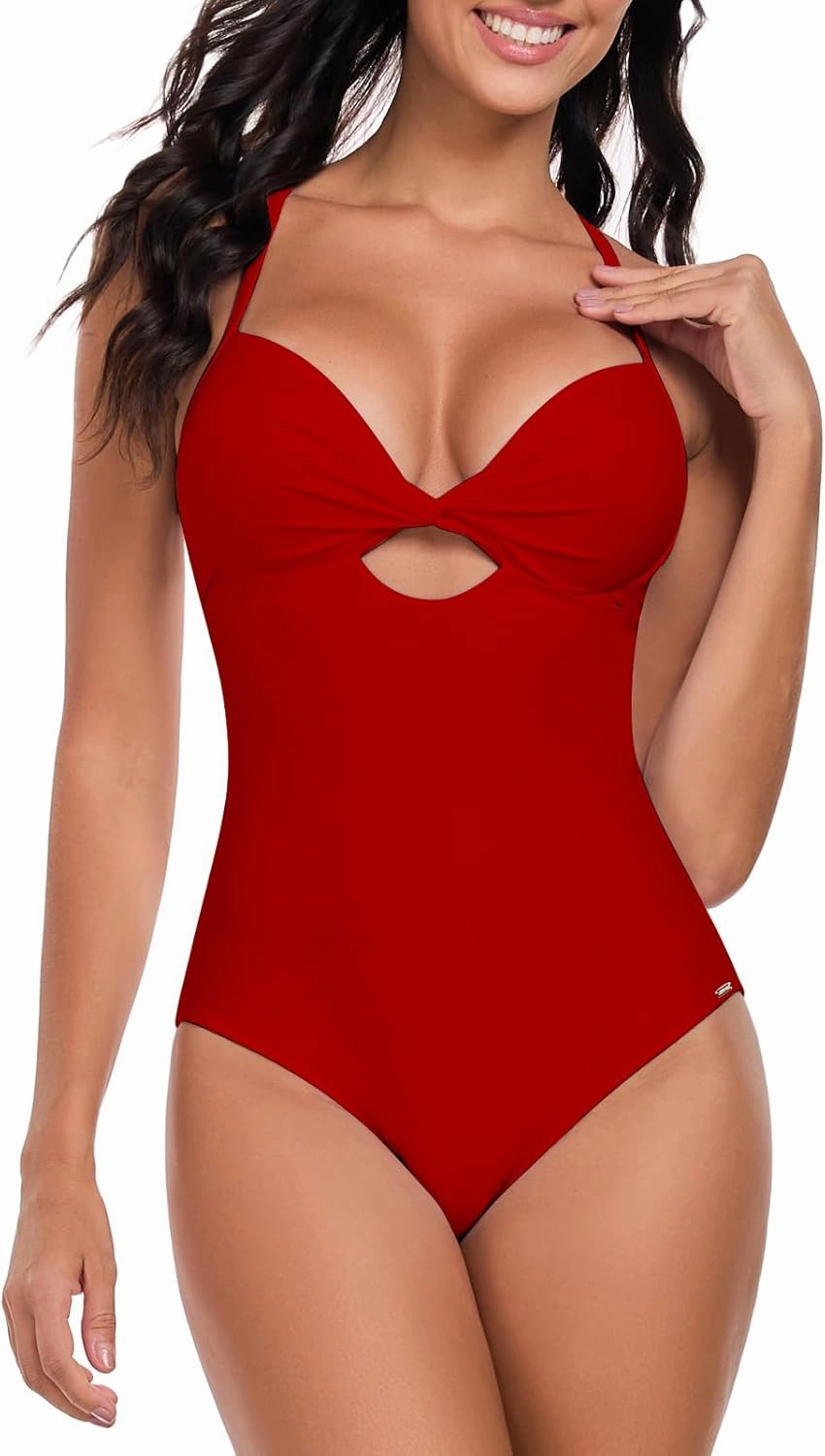 RELLECIGA Women’s Push Up One Piece Swimsuit Twist Front Cutout Adjustable Straps Swimwear
