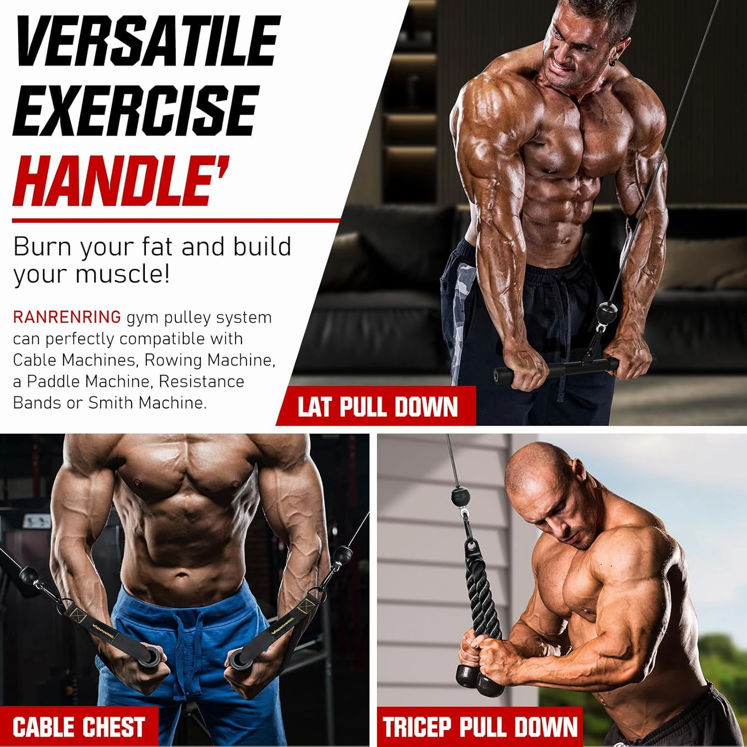 RENRANRING Pulley System, Weight Cable Pulley System for Home Gym,Cable Machine Attachment with 2 in 1 LAT Pull Down Bar,Tricep Rope,Long Strap,Exercise Handles for Biceps Curl, Forearm