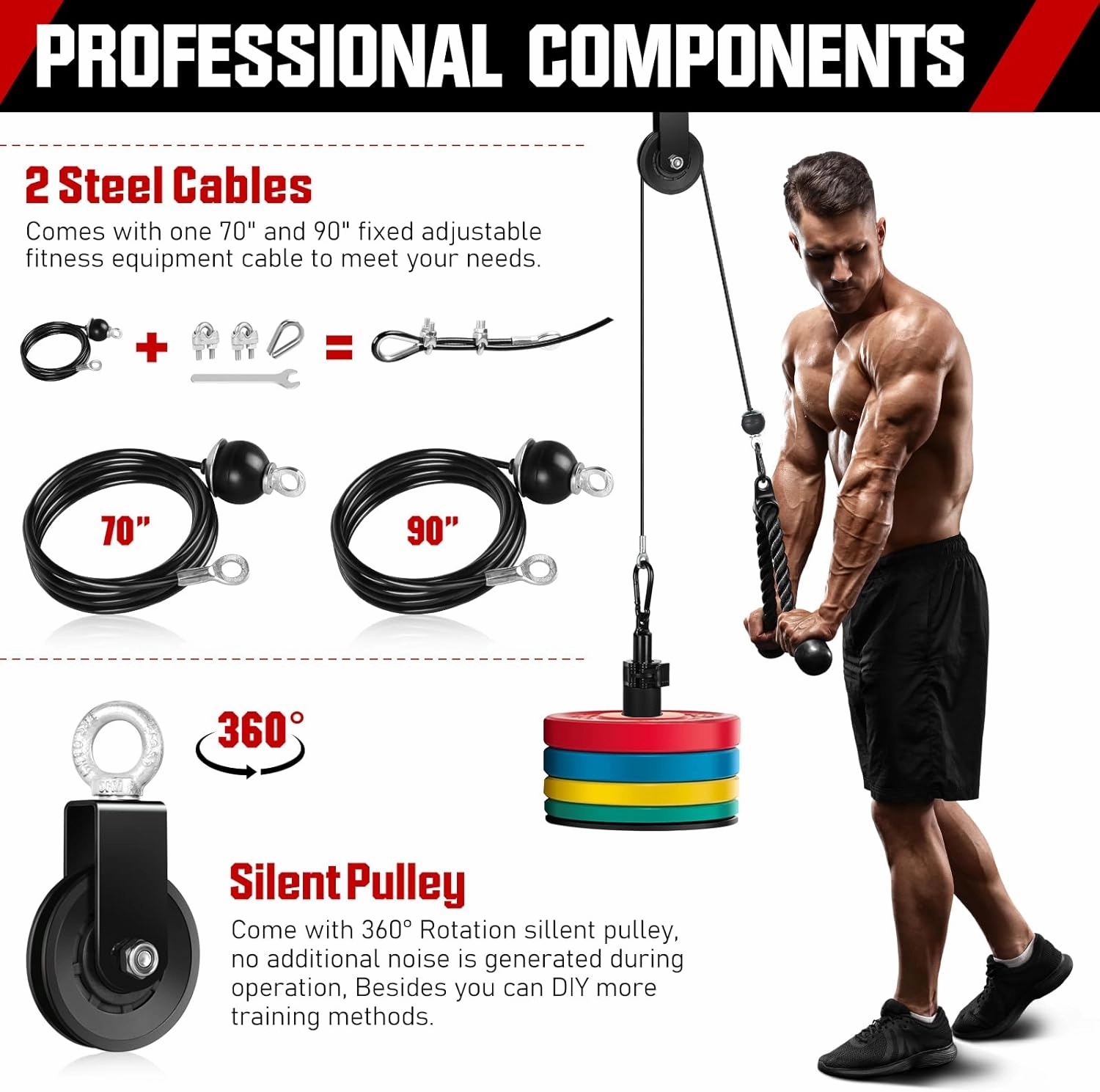 RENRANRING Pulley System, Weight Cable Pulley System for Home Gym,Cable Machine Attachment with 2 in 1 LAT Pull Down Bar,Tricep Rope,Long Strap,Exercise Handles for Biceps Curl, Forearm