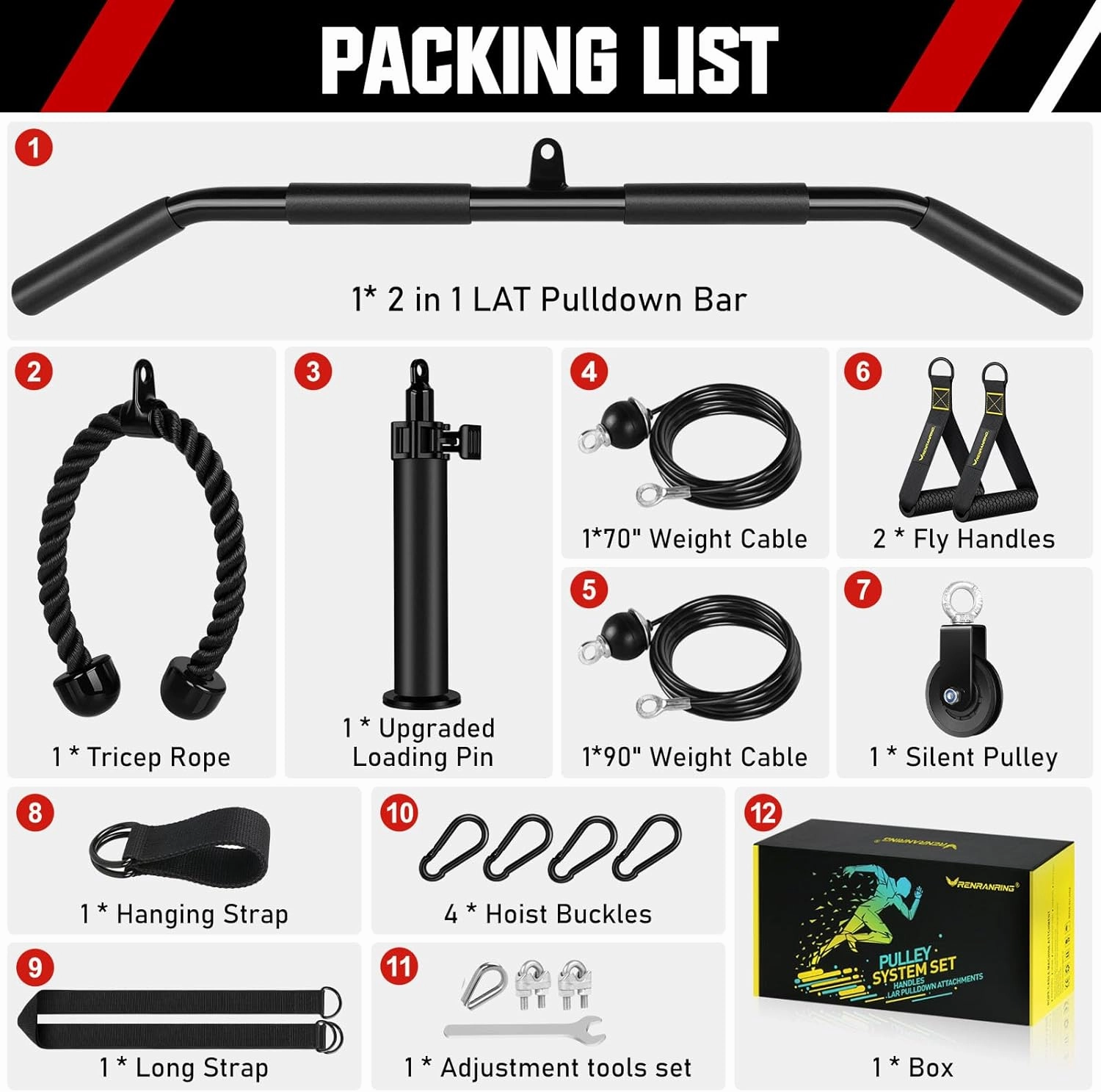 RENRANRING Pulley System, Weight Cable Pulley System for Home Gym,Cable Machine Attachment with 2 in 1 LAT Pull Down Bar,Tricep Rope,Long Strap,Exercise Handles for Biceps Curl, Forearm
