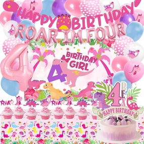 Roar Im 4 Dinosaur Party Decorations Girl, Pink Dino Four Balloons, 4th Birthday Decorations