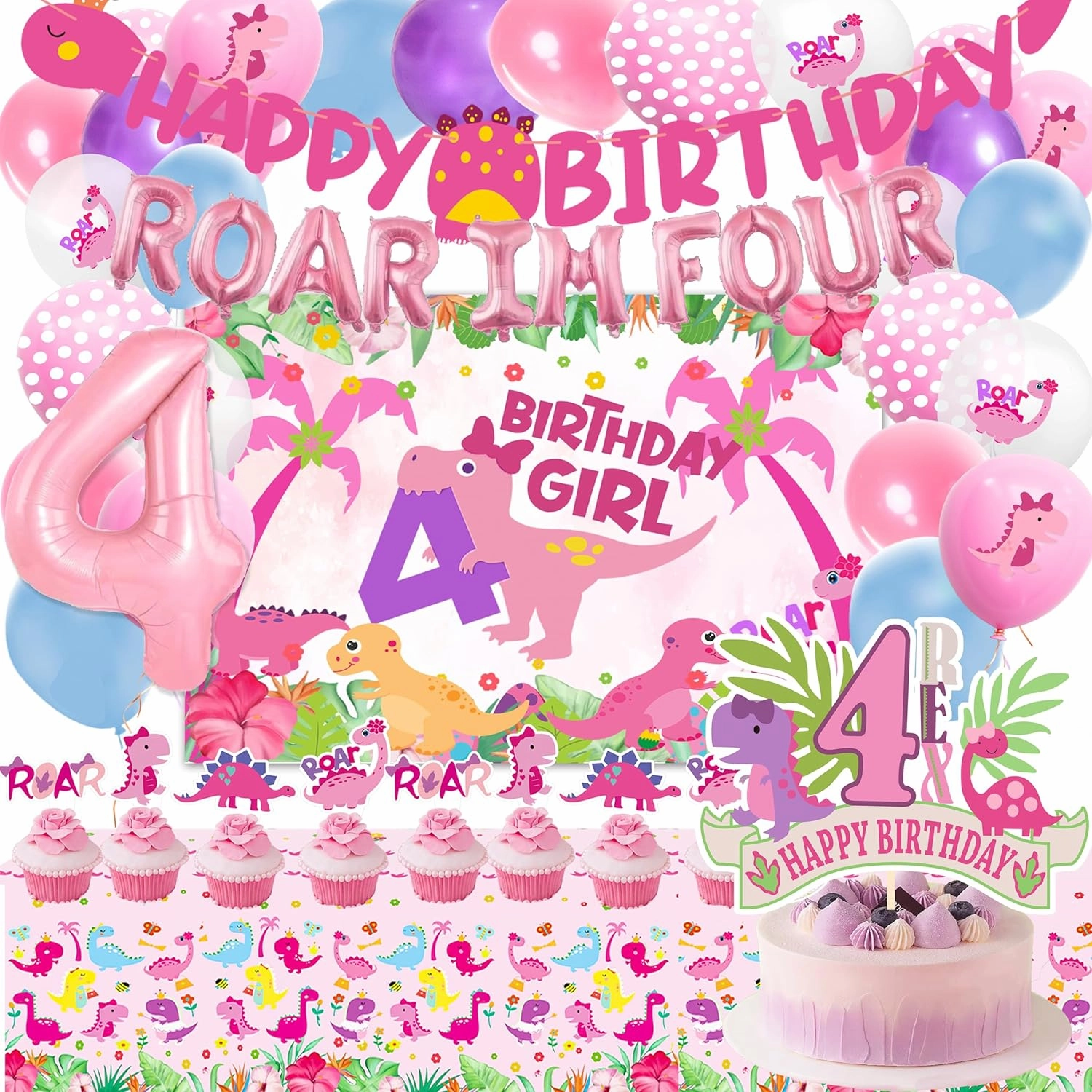 Roar Im 4 Dinosaur Party Decorations Girl, Pink Dino Four Balloons, 4th Birthday Decorations