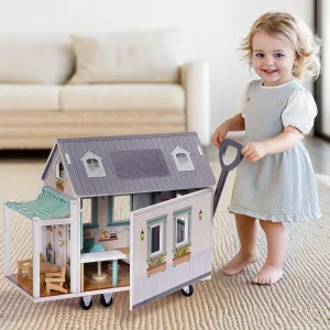 ROBOTIME Doll House, Wooden Dollhouse with Wheels for Girls, Pretend Play RV Set Dollhouse Moveable with 10 Pcs Furniture Accessories, Gift for Kids Ages 3 