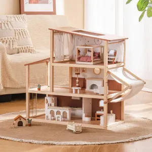 ROBOTIME Wooden Dollhouse, Doll House for Girls – 3-Story Bohemian Style Doll House with 37- Piece Furniture & Awning, Pretend Play Wooden Dollhouse Gift for Kids Ages 3 
