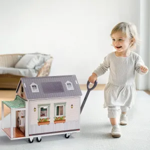 ROBUD Doll House - Wooden Realistic Camper Van Dollhouse with Handle & Wheels, Includes Mini Kitchen, Bar, Bedroom & Outdoor Dining Area for Kids Ages 3 