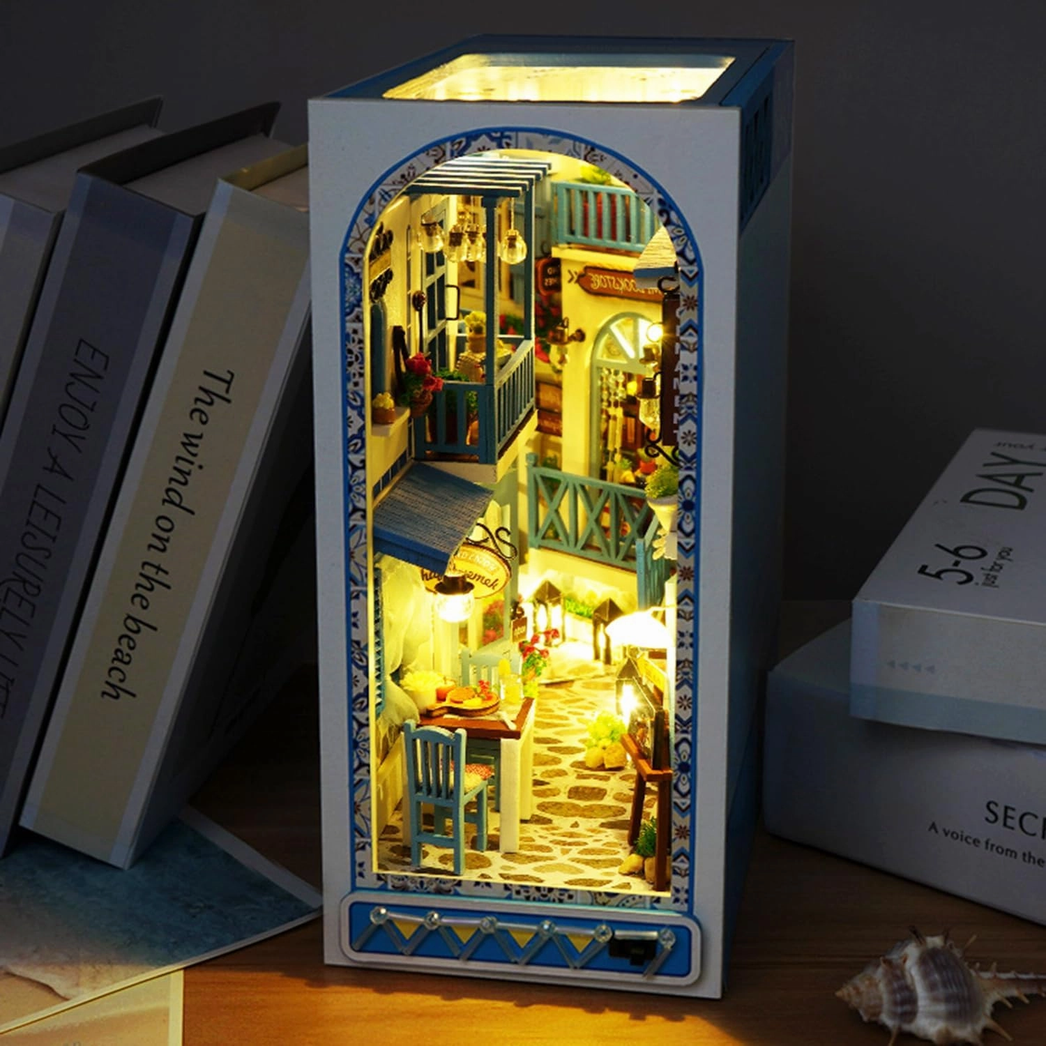 Roroom DIY Book Nook Kit, DIY Dollhouse Booknook Bookshelf Insert Decor Alley,3D Wooden Puzzle with Book Nook Bookshelf Insert Wood Bookend Model Building (Sea Breeze-TC18)