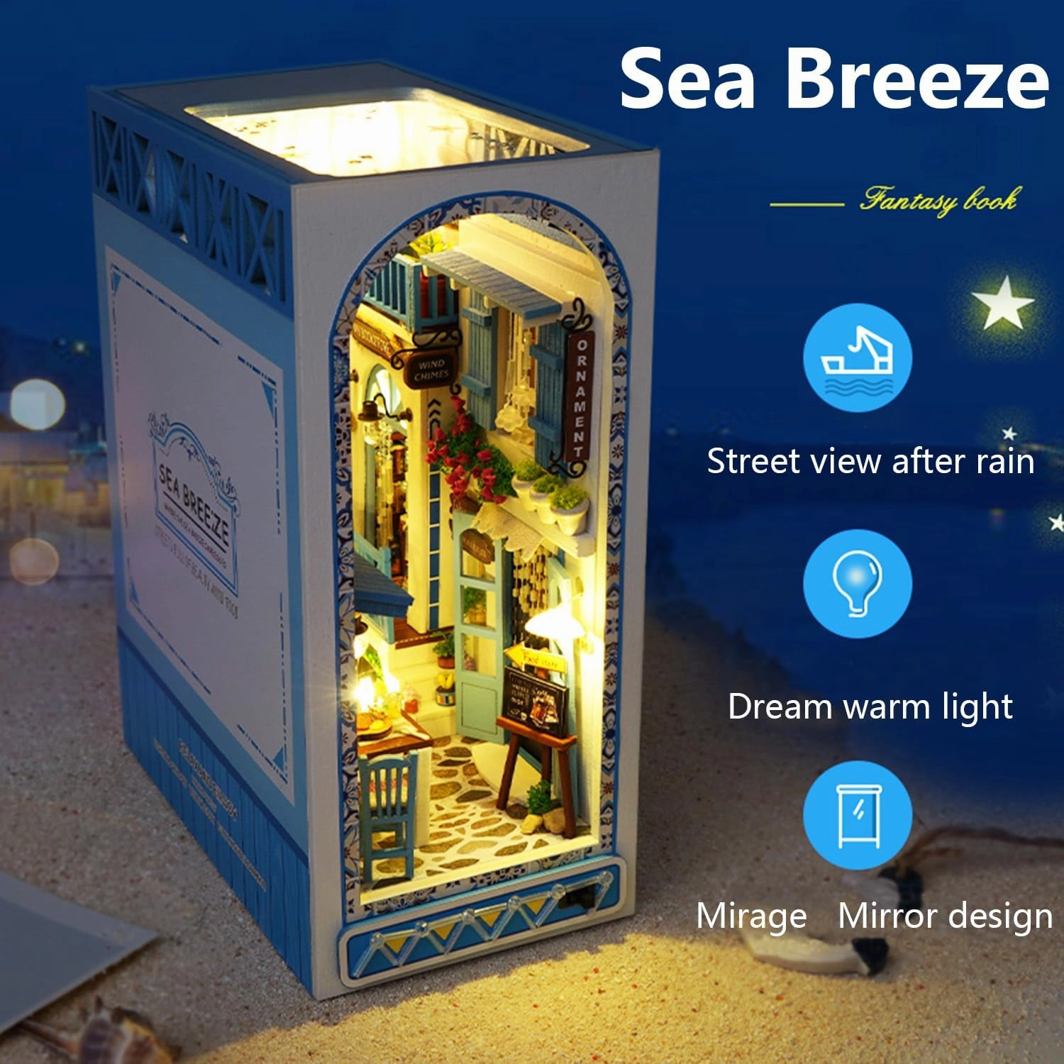 Roroom DIY Book Nook Kit, DIY Dollhouse Booknook Bookshelf Insert Decor Alley,3D Wooden Puzzle with Book Nook Bookshelf Insert Wood Bookend Model Building (Sea Breeze-TC18)