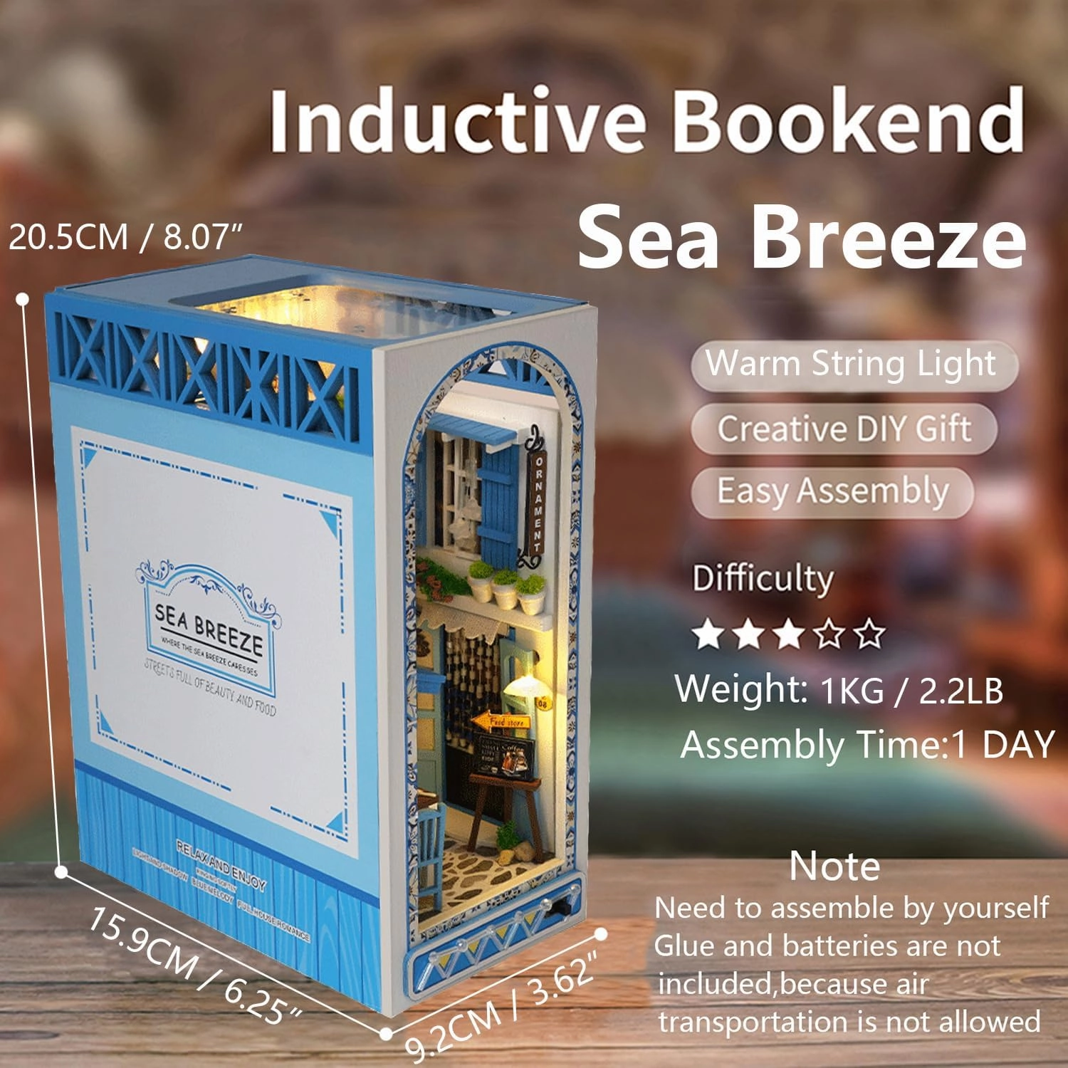 Roroom DIY Book Nook Kit, DIY Dollhouse Booknook Bookshelf Insert Decor Alley,3D Wooden Puzzle with Book Nook Bookshelf Insert Wood Bookend Model Building (Sea Breeze-TC18)