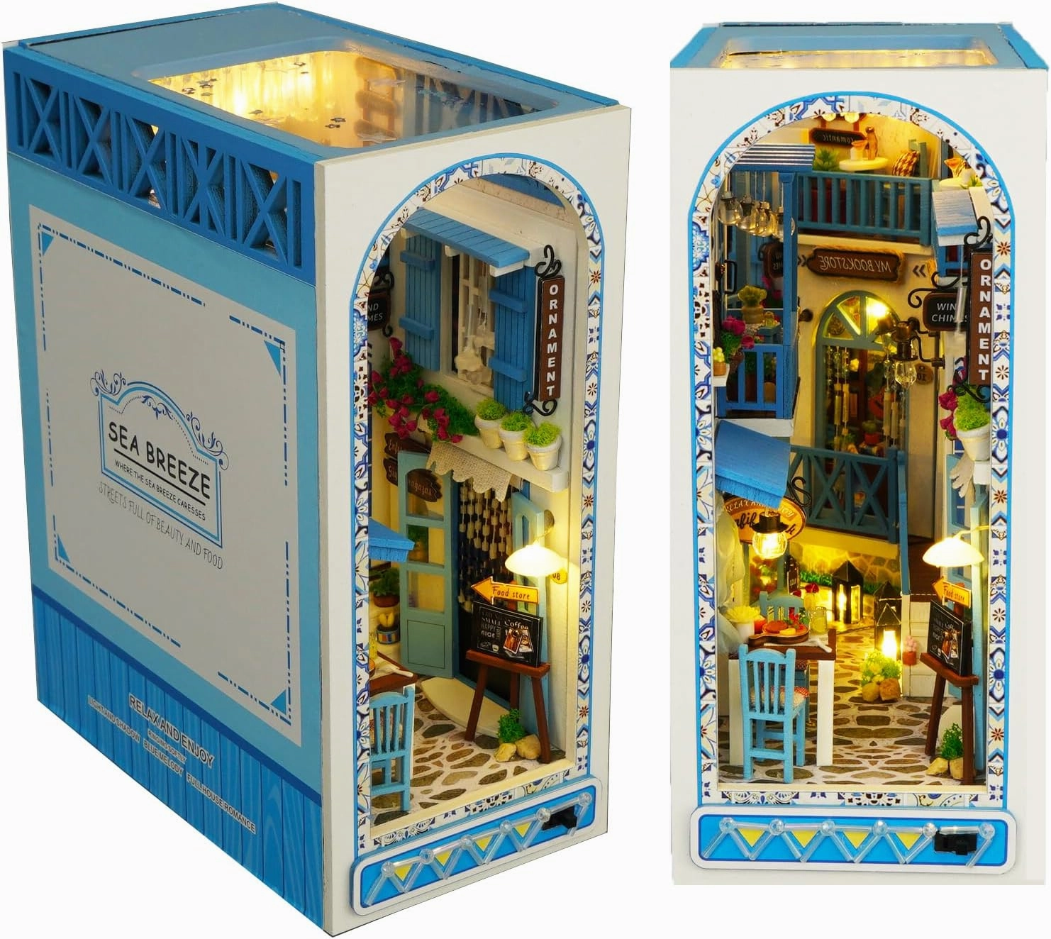 Roroom DIY Book Nook Kit, DIY Dollhouse Booknook Bookshelf Insert Decor Alley,3D Wooden Puzzle with Book Nook Bookshelf Insert Wood Bookend Model Building (Sea Breeze-TC18)