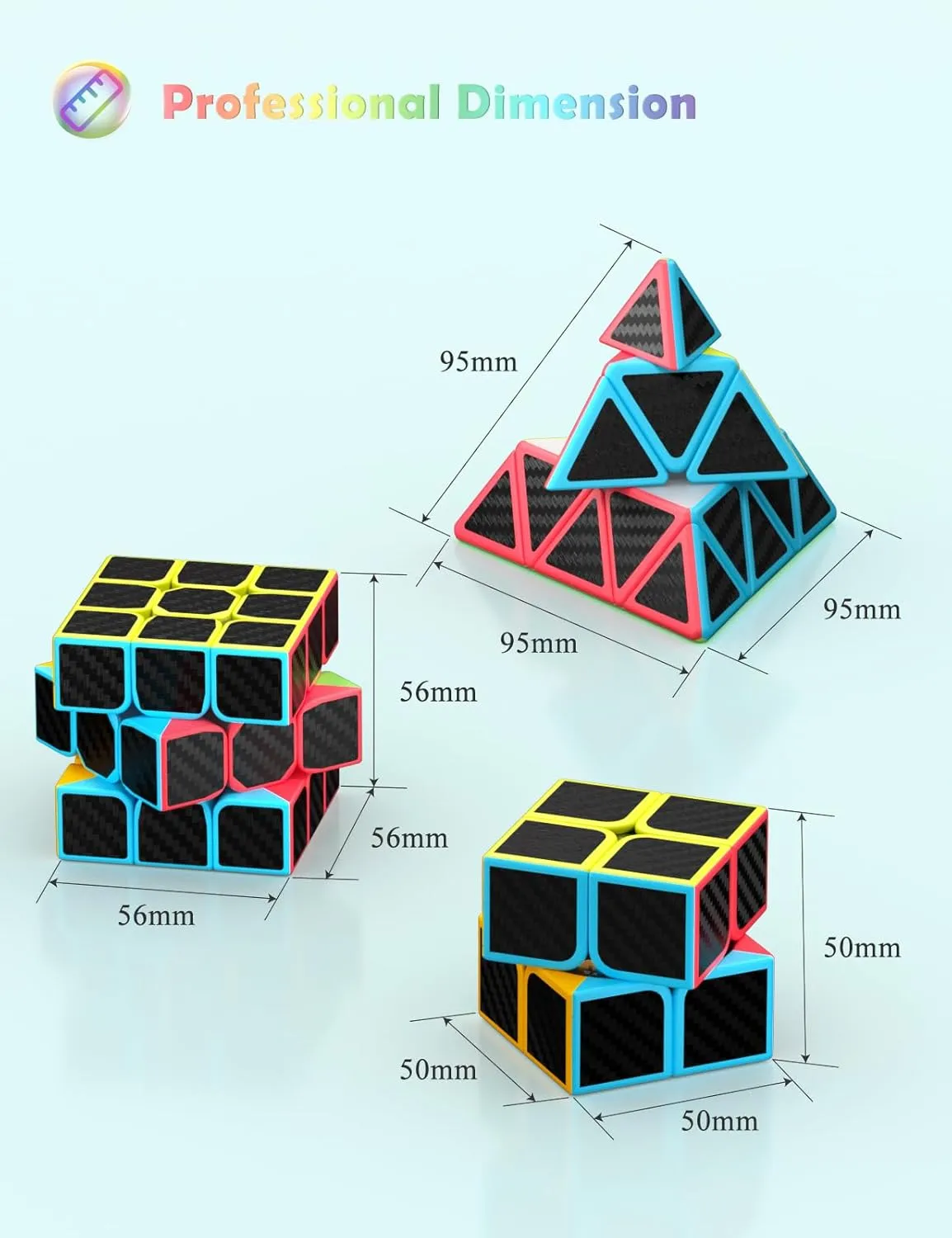 ROXENDA Speed Cube Set, Magic Cube Set of 2x2x2 3x3x3 Pyramid Cube Smooth Puzzle Cube (Carbon Fiber)