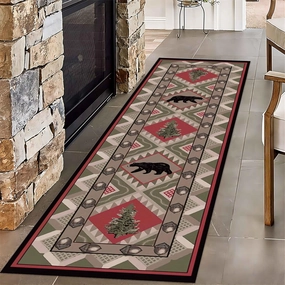 Rustic Runner Rugs for Cabin, 4x10ft, Pine Trees Pine Cones Black Bears Animals Long Hallway Rug Runners, Anti-Skid Soft Cozy Washable Runner Rug, Easy Clean Floor Carpet for Entrance Hallway