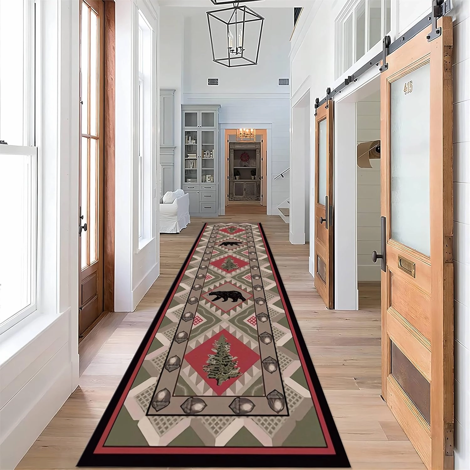 Rustic Runner Rugs for Cabin, 4x10ft, Pine Trees Pine Cones Black Bears Animals Long Hallway Rug Runners, Anti-Skid Soft Cozy Washable Runner Rug, Easy Clean Floor Carpet for Entrance Hallway