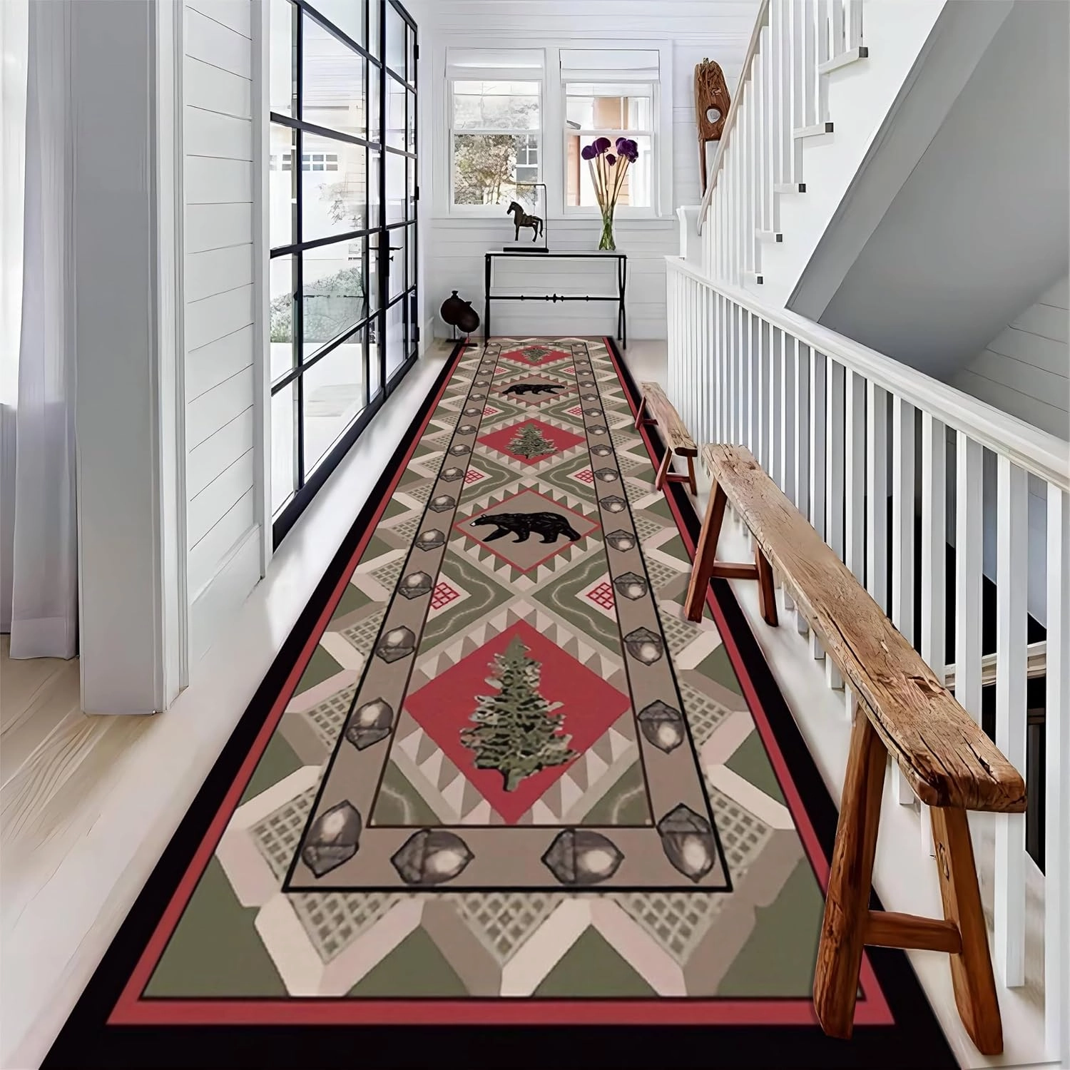 Rustic Runner Rugs for Cabin, 4x10ft, Pine Trees Pine Cones Black Bears Animals Long Hallway Rug Runners, Anti-Skid Soft Cozy Washable Runner Rug, Easy Clean Floor Carpet for Entrance Hallway