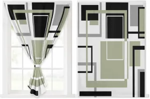 Sage Green Geometric Self Adhesive Blackout Curtains with Tiebacks,Portable Rod Pocket Living Room Darkening Curtains,Black Gray Abstract Striped Art Thermal Insulated Windows Cover,35Wx54H