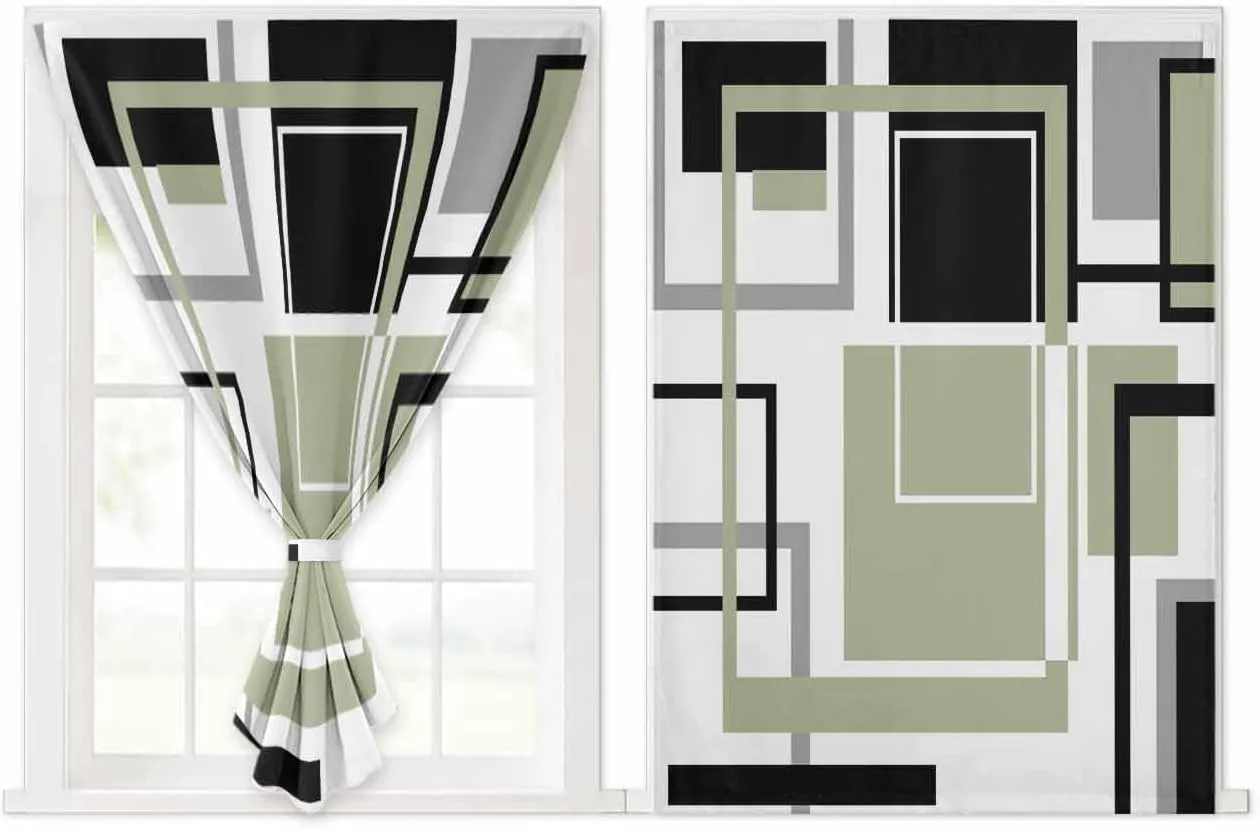 Sage Green Geometric Self Adhesive Blackout Curtains with Tiebacks,Portable Rod Pocket Living Room Darkening Curtains,Black Gray Abstract Striped Art Thermal Insulated Windows Cover,35Wx54H