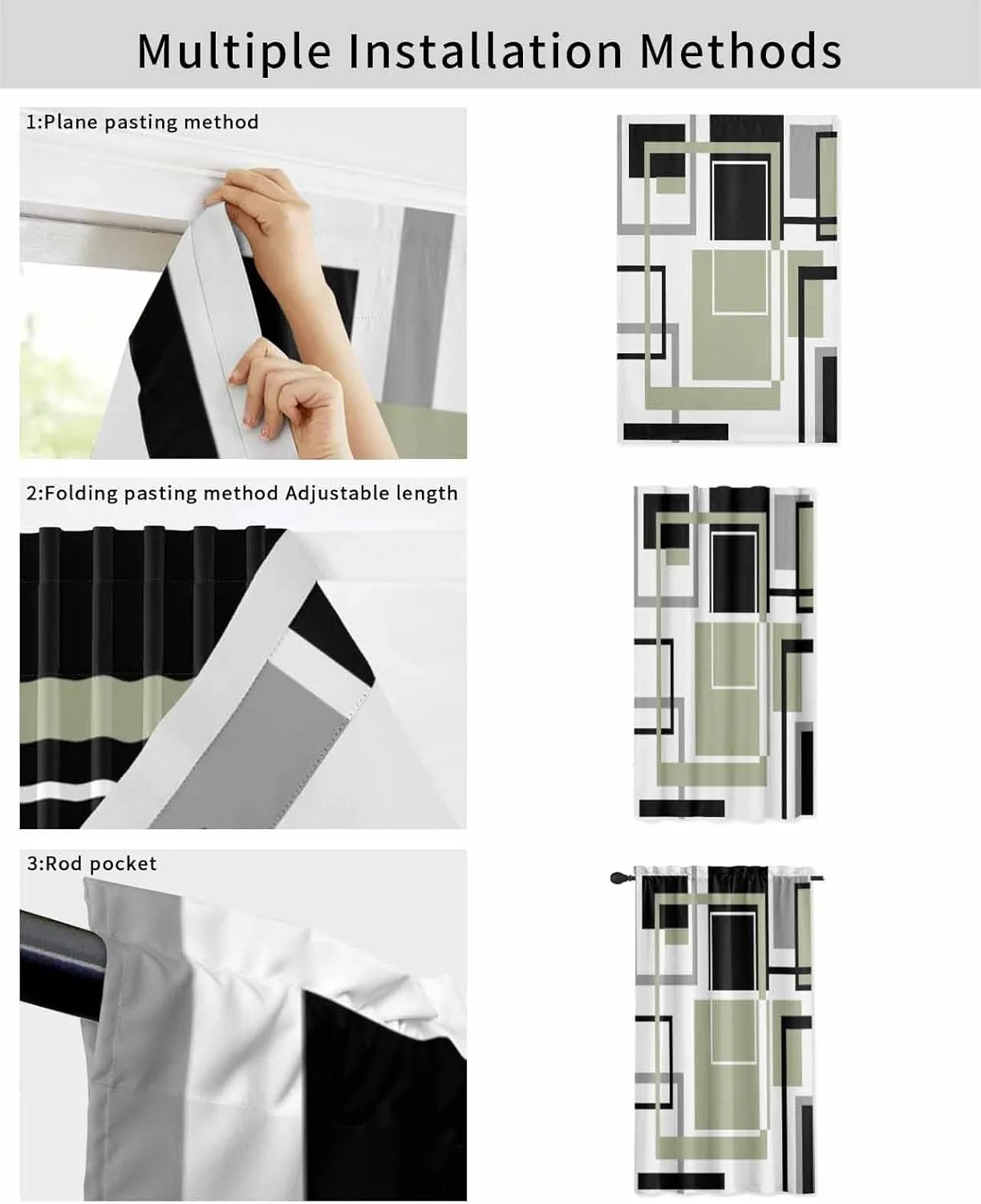 Sage Green Geometric Self Adhesive Blackout Curtains with Tiebacks,Portable Rod Pocket Living Room Darkening Curtains,Black Gray Abstract Striped Art Thermal Insulated Windows Cover,35Wx54H
