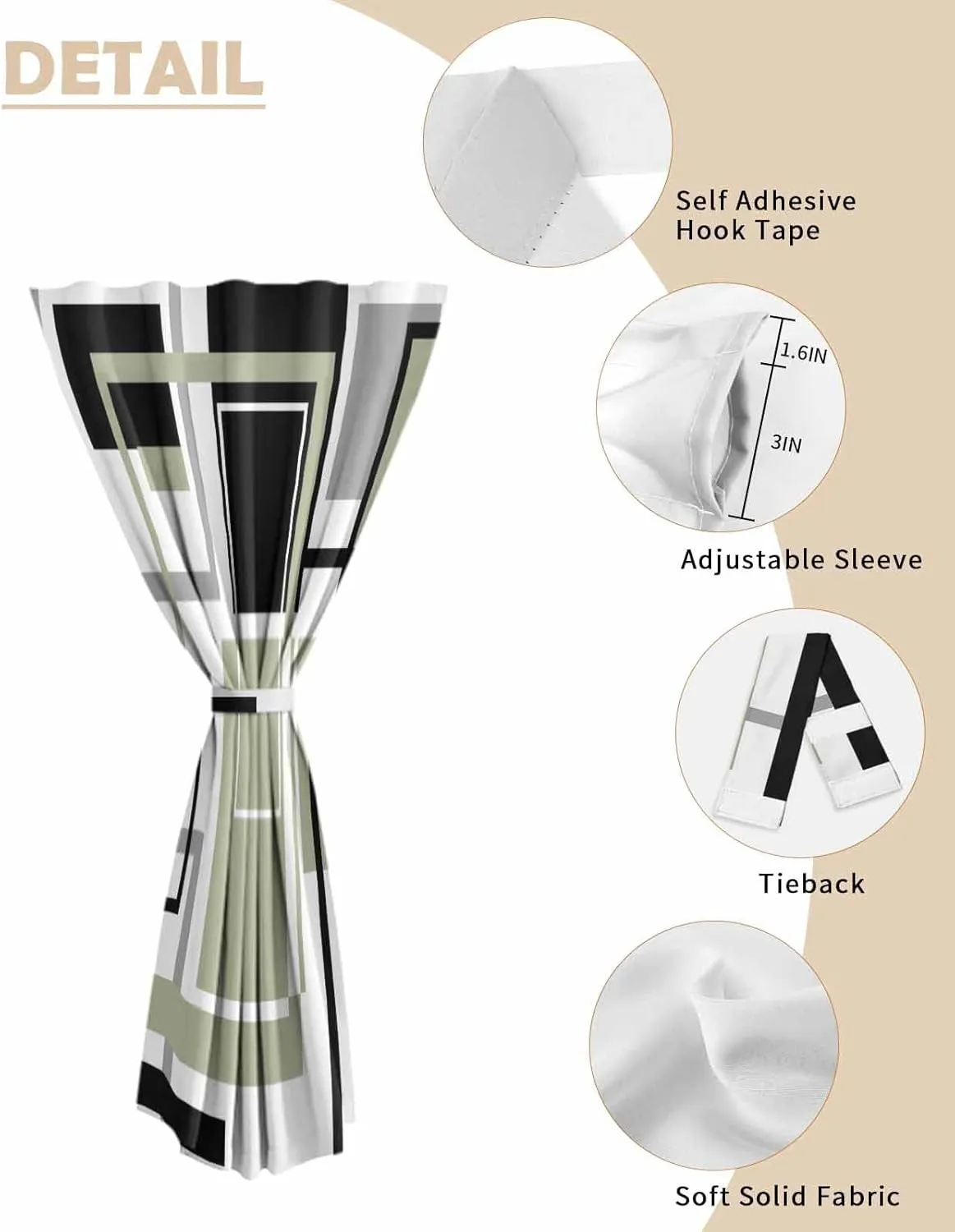 Sage Green Geometric Self Adhesive Blackout Curtains with Tiebacks,Portable Rod Pocket Living Room Darkening Curtains,Black Gray Abstract Striped Art Thermal Insulated Windows Cover,35Wx54H