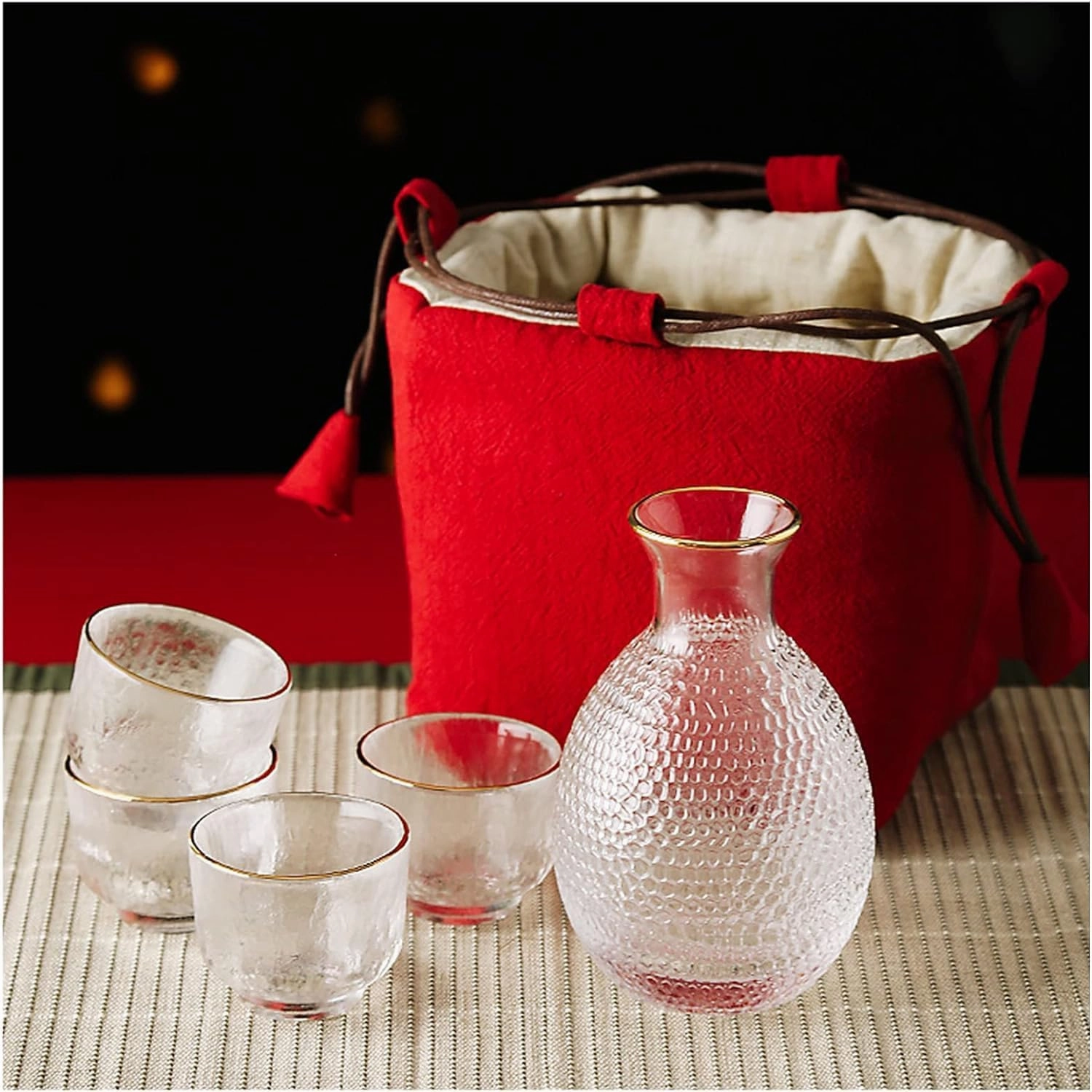 Sake Set Japanese with Storage Bag, Glass Sake Pot Sake Cup Transparent Modern Used for Home Party and Great Gifts 4 Sake Cups  1Sake Pot,Red