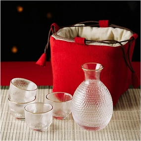 Sake Set Japanese with Storage Bag, Glass Sake Pot Sake Cup Transparent Modern Used for Home Party and Great Gifts 4 Sake Cups  1Sake Pot,Red