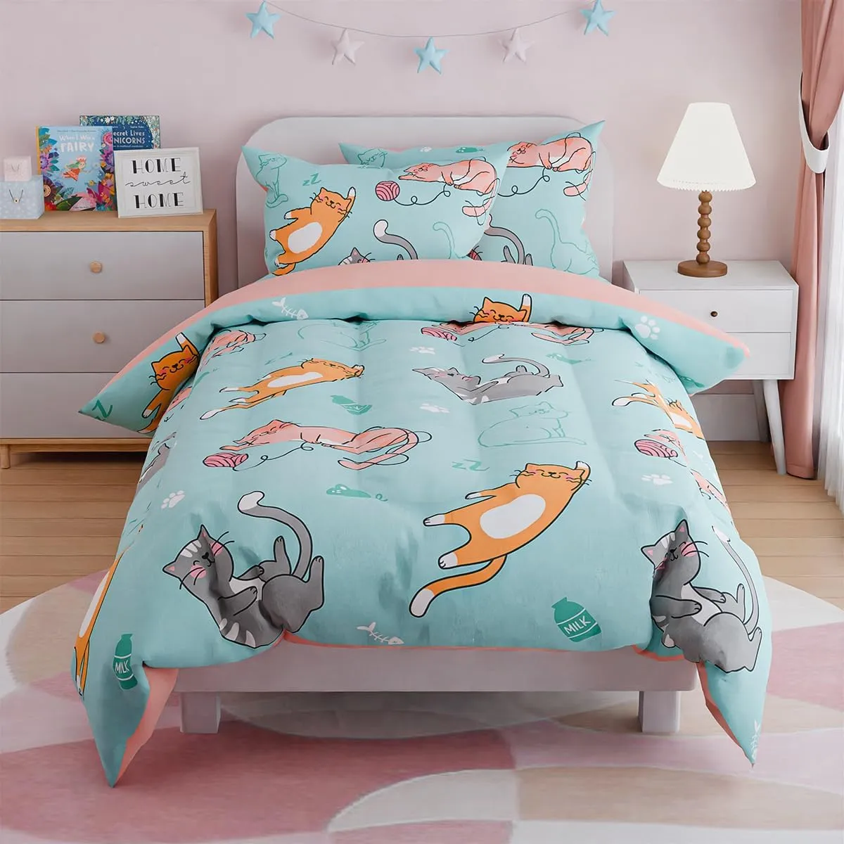 SANDJEST Cat Comforter Set Full for Girls, Ultra Soft Microfiber Bedding Sets with 4-Pieces, Cats Comforters Bed Sets for Kids Children Girl Bedroom Decor
