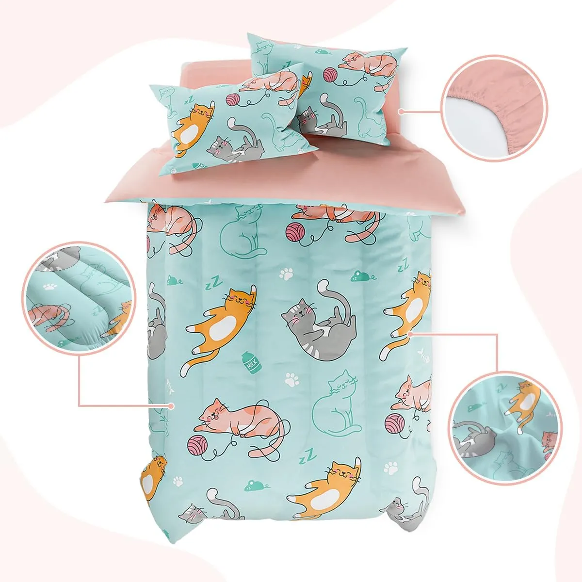 SANDJEST Cat Comforter Set Full for Girls, Ultra Soft Microfiber Bedding Sets with 4-Pieces, Cats Comforters Bed Sets for Kids Children Girl Bedroom Decor