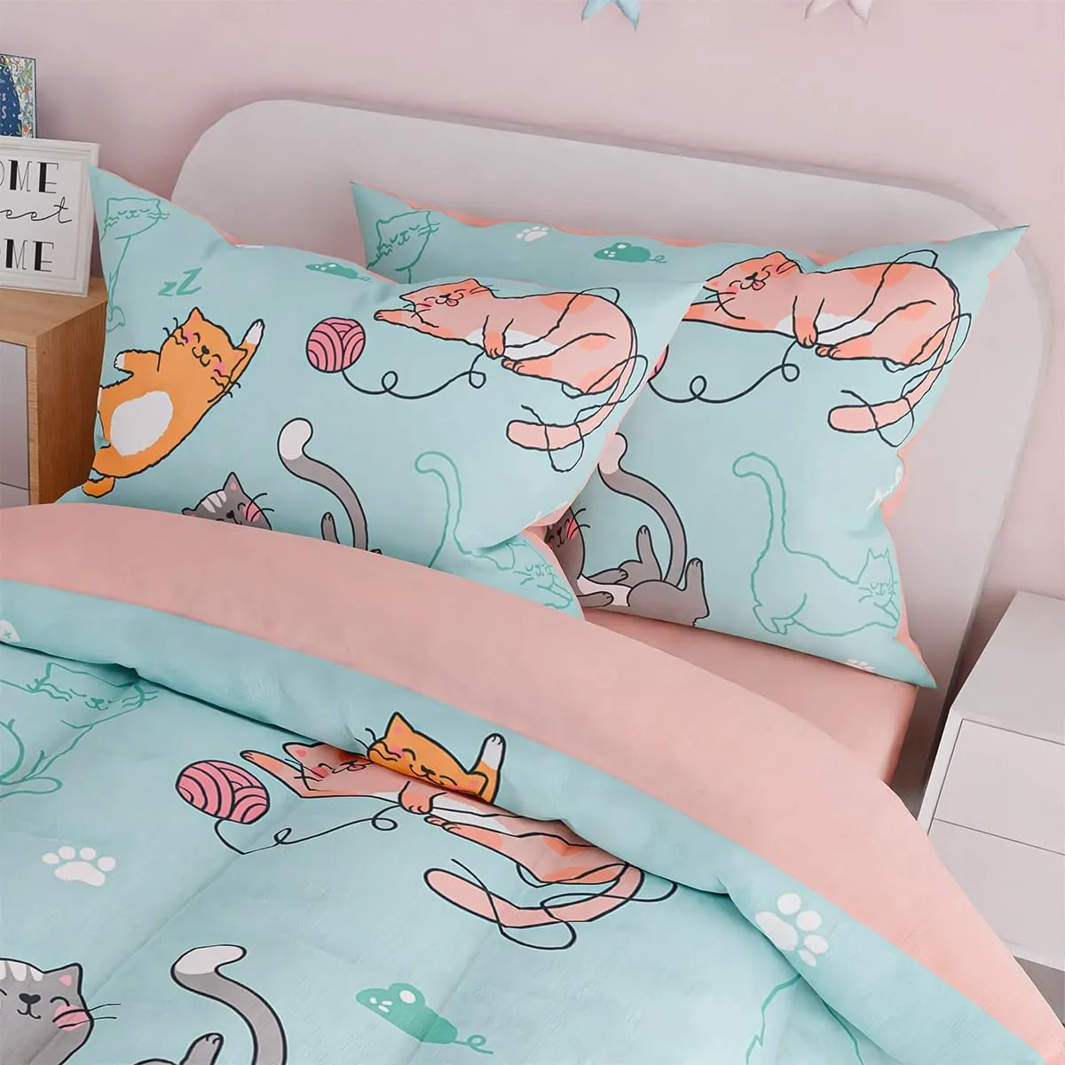 SANDJEST Cat Comforter Set Full for Girls, Ultra Soft Microfiber Bedding Sets with 4-Pieces, Cats Comforters Bed Sets for Kids Children Girl Bedroom Decor