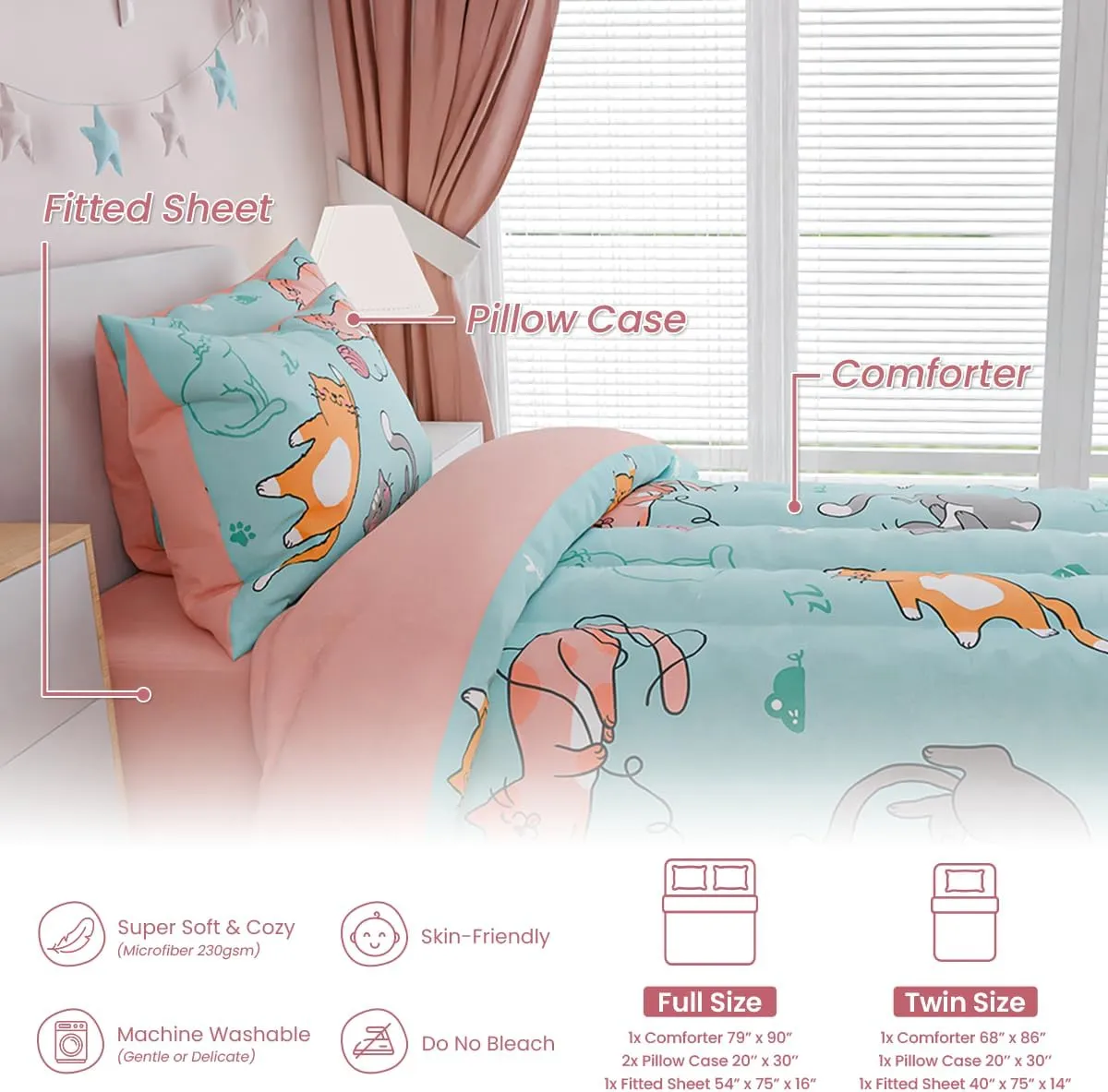 SANDJEST Cat Comforter Set Full for Girls, Ultra Soft Microfiber Bedding Sets with 4-Pieces, Cats Comforters Bed Sets for Kids Children Girl Bedroom Decor