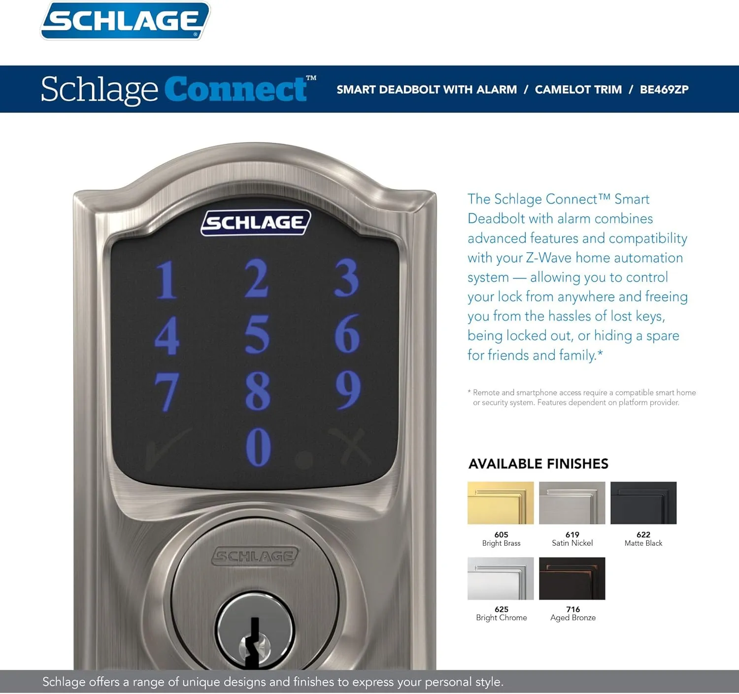 SCHLAGE BE469NX Camelot Electronic Touchscreen Deadbolt C Keyway with 12344 Latch 10116 Strike Bright Brass Finish