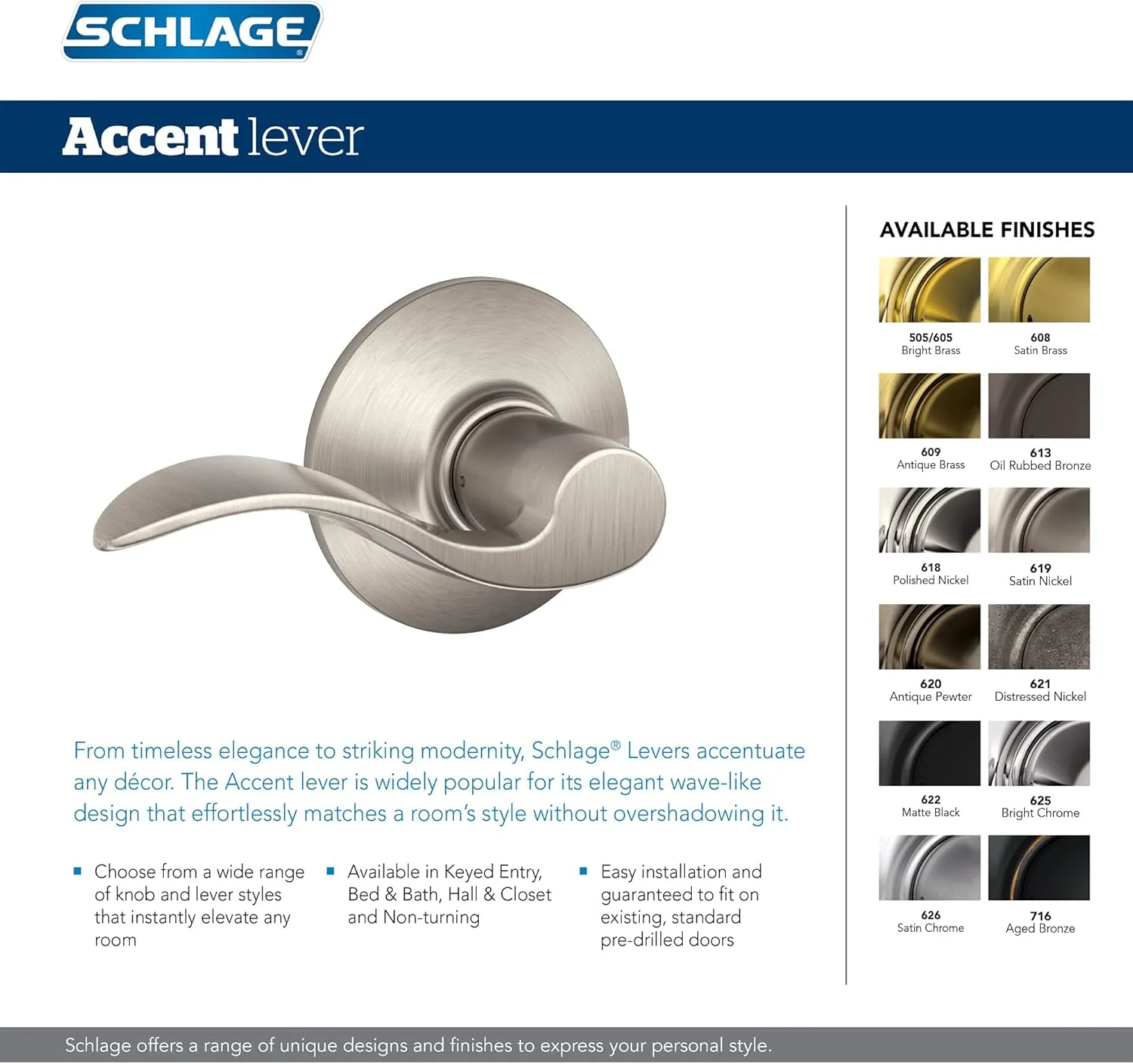 Schlage F10 V ACC 605 Accent Door Lever, Hall & Closet Passage Lock, Bright Brass