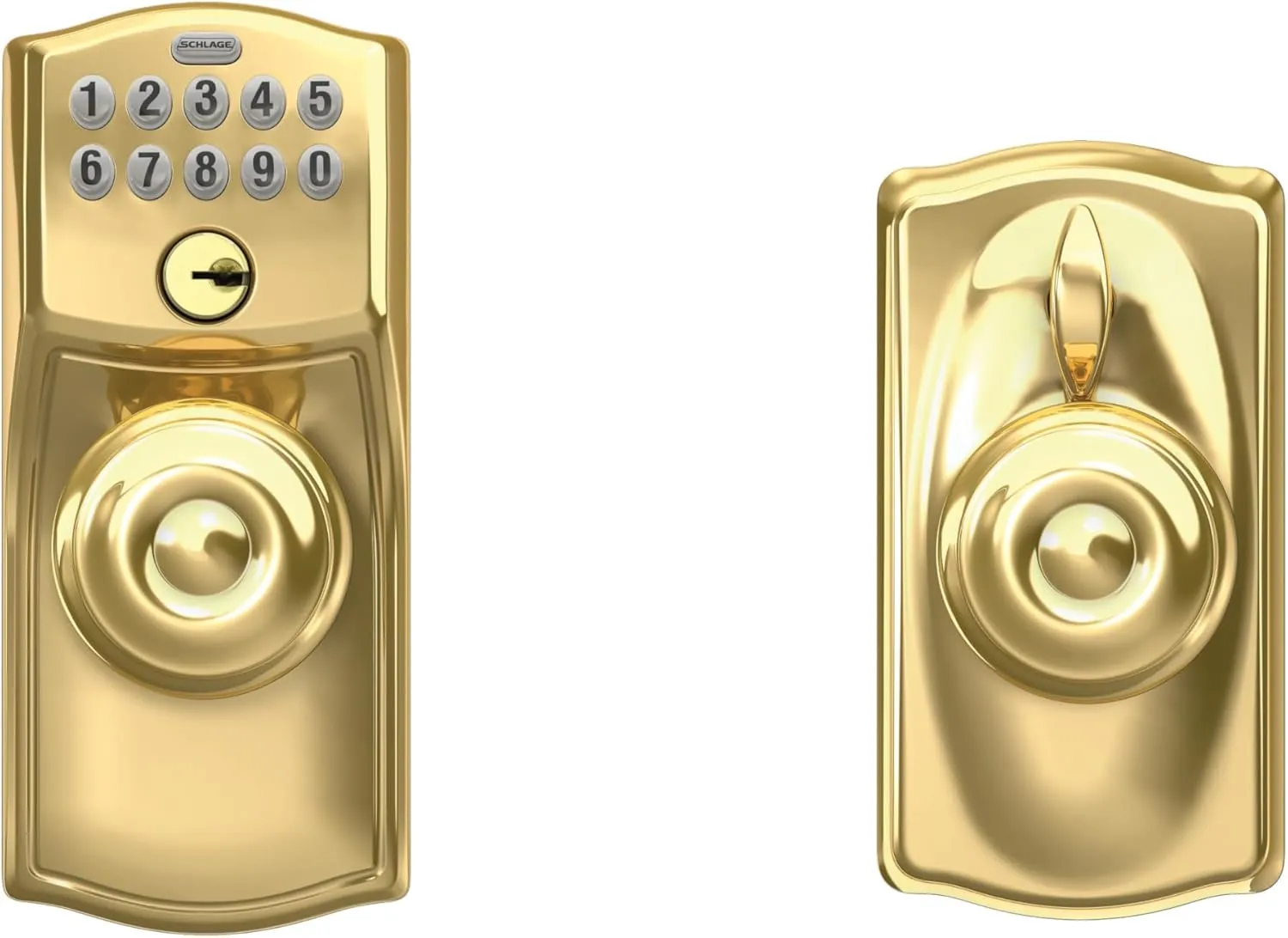 SCHLAGE FE595 CAM 505 GEO Camelot Keypad Entry with Flex-Lock and Georgian Style Knobs, Bright Brass, Georgian Knob