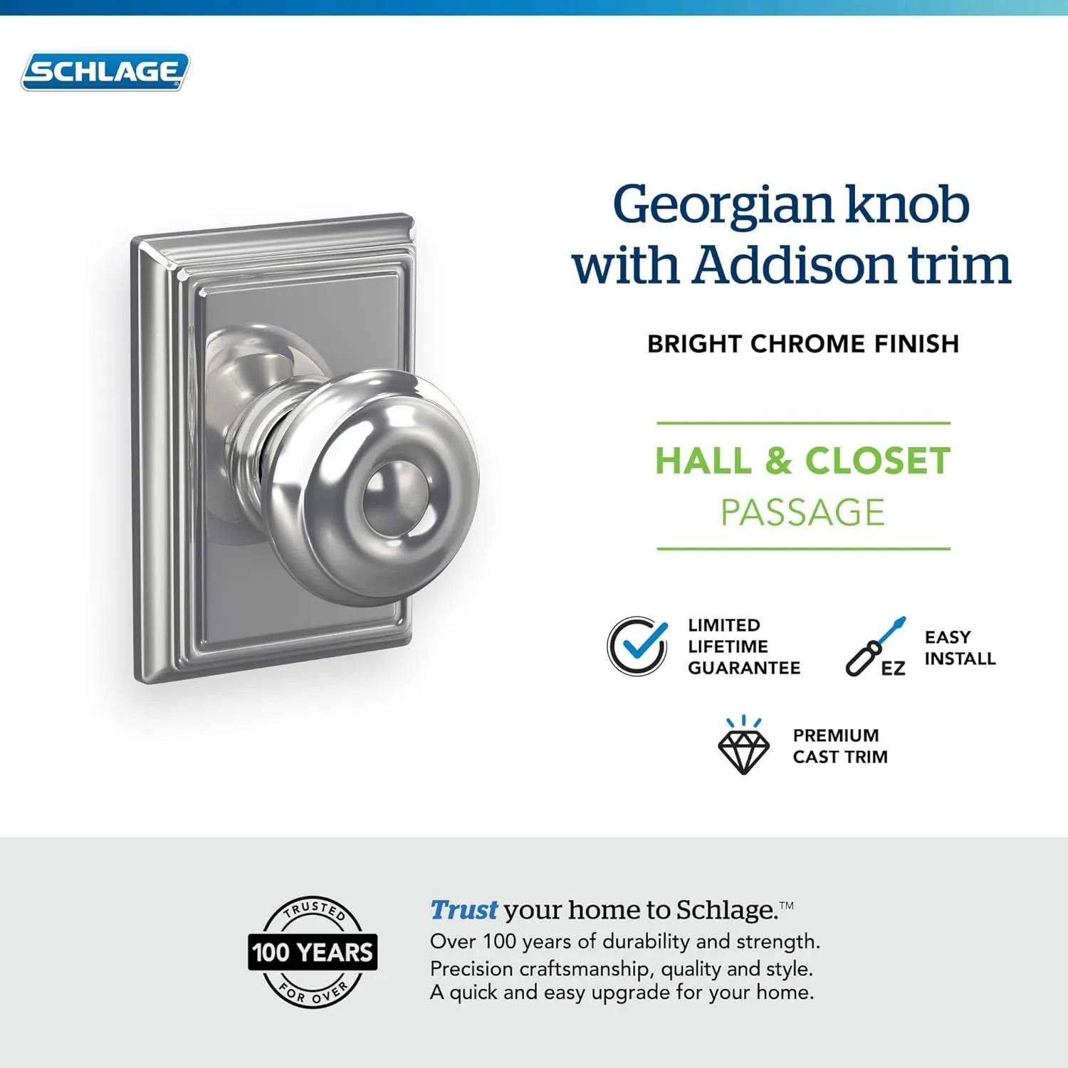 SCHLAGE Lock Company F10GEO625ADD Addison Collection SCHLAGE Passage Knob, Bright Chrome