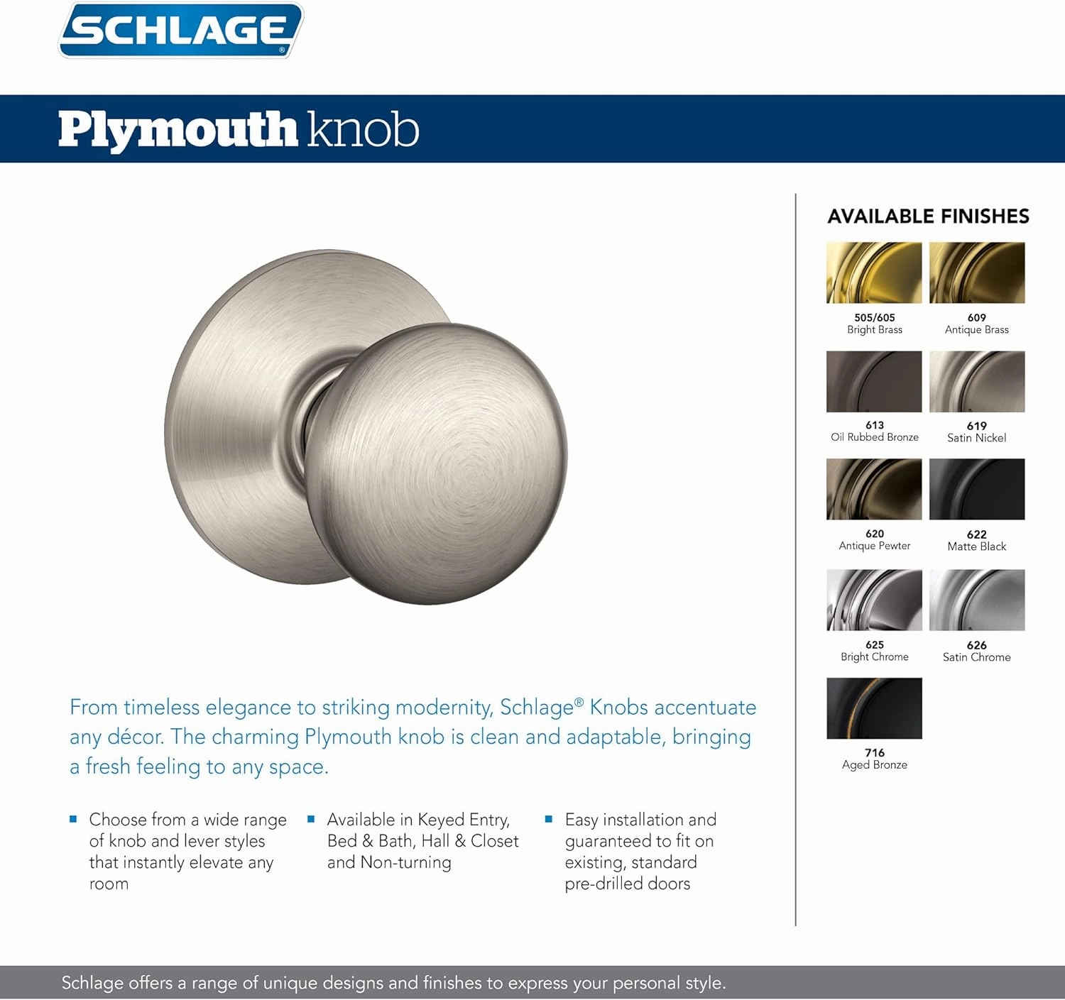 Schlage F10 V PLY 605 Plymouth Door Knob, Hall & Closet Passage Lock, Bright Brass
