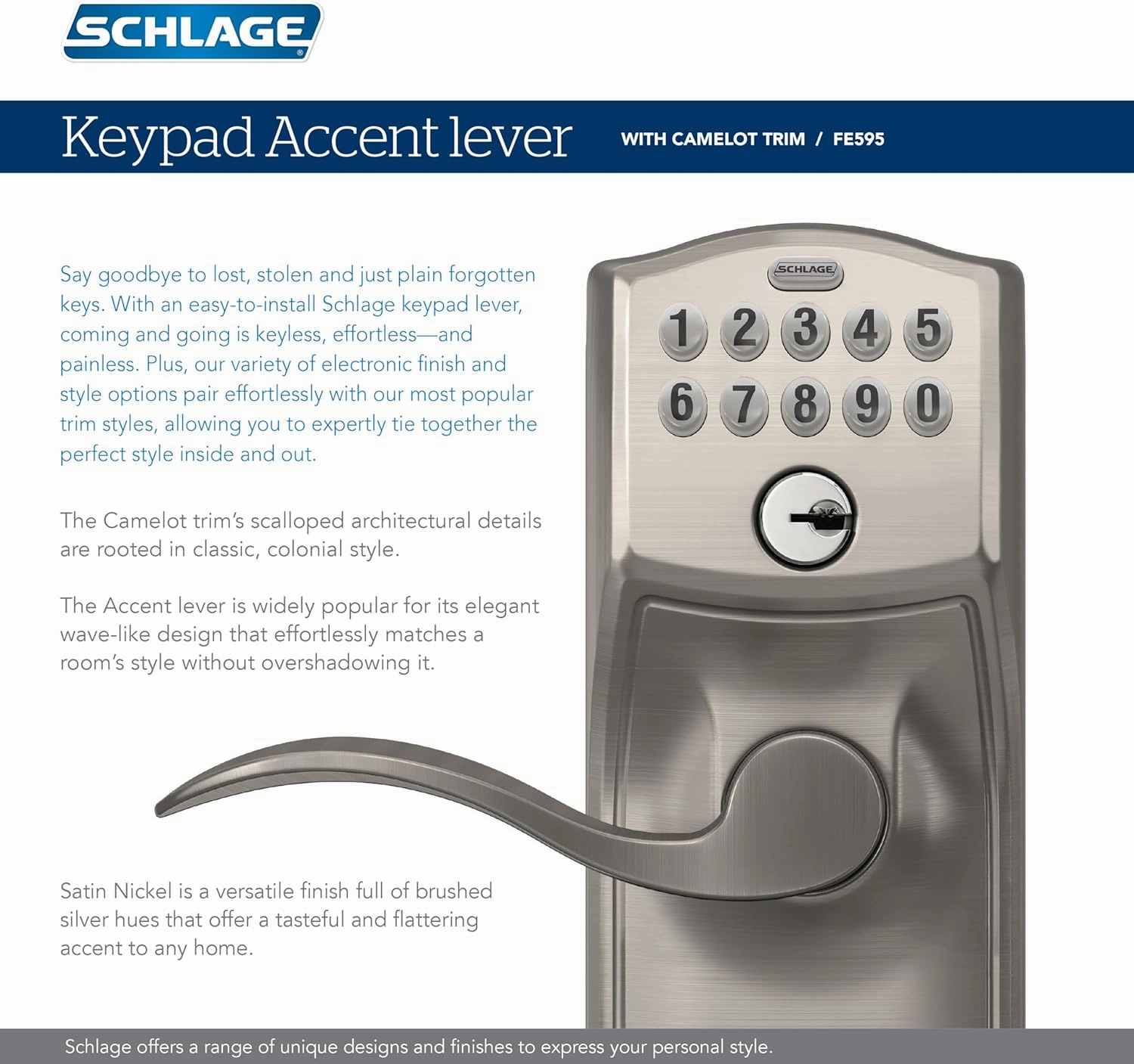 SCHLAGE FE595 CAM 626 ACC Camelot Keypad Entry with Flex-Lock and Accent Levers, Brushed Chrome