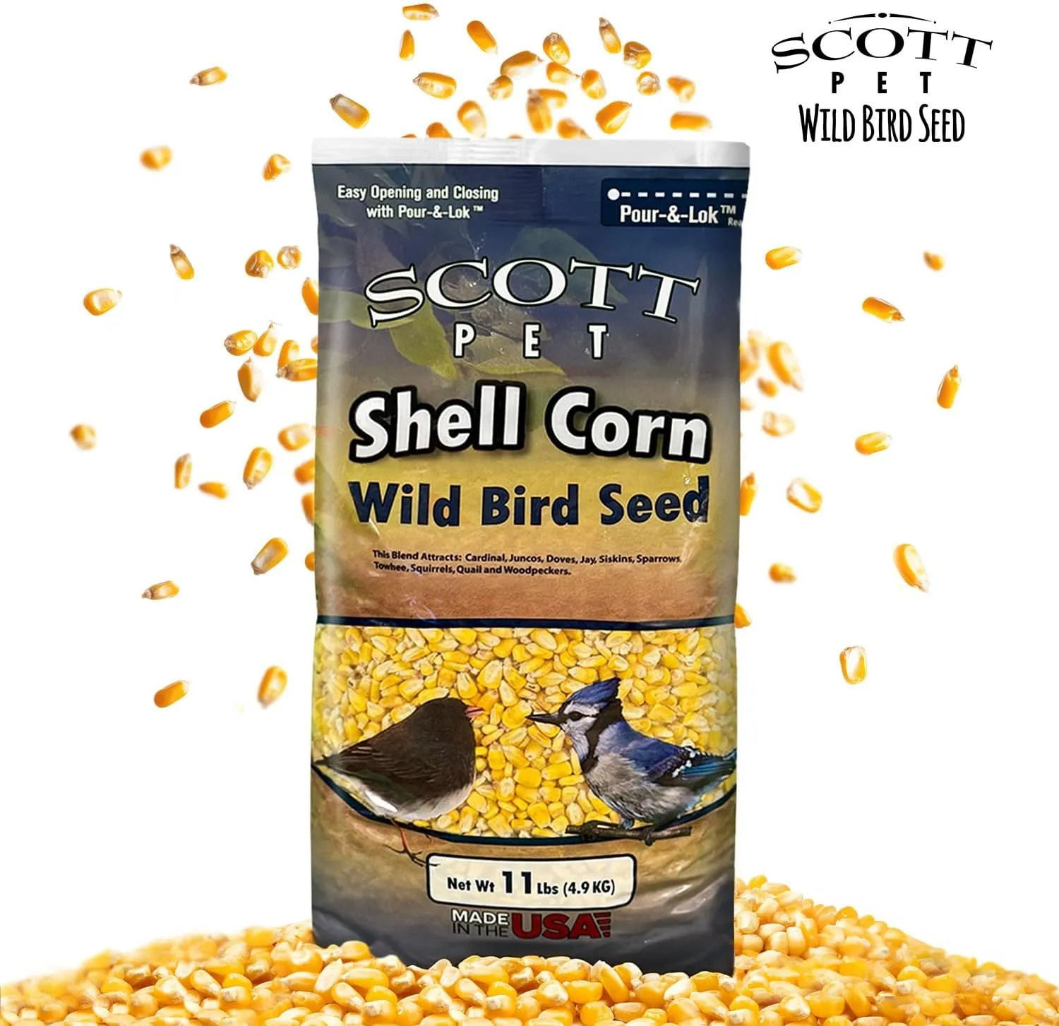 Scott Pet Wild Bird Seed, Shelled Corn, 11 lbs Bag, No Mess, Feed, Great Source of Protein and Fiber, Food for Outside Wild Birds