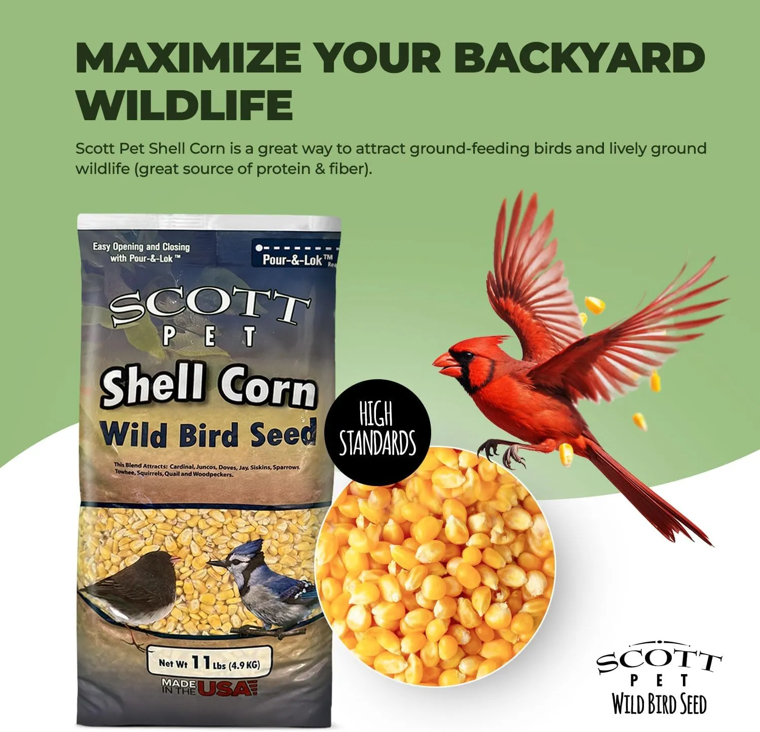 Scott Pet Wild Bird Seed, Shelled Corn, 11 lbs Bag, No Mess, Feed, Great Source of Protein and Fiber, Food for Outside Wild Birds