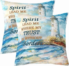 Seaside Lighthouse Throw Pillow Covers,Nautical Ocean Sailboat Coastal Cabin Decor Cushion Covers 16"x16" for Camper Office,Watercolor Blue Tie-dye Sky Sea Wave Outdoor Pillow Covers Set of 2