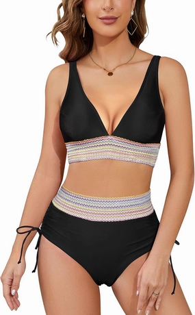 SHEKINI Women's Bikini Sets, Color Block High Waisted Tummy Control Drawstring Swimsuit V Neck 2 Piece Bathing Suit