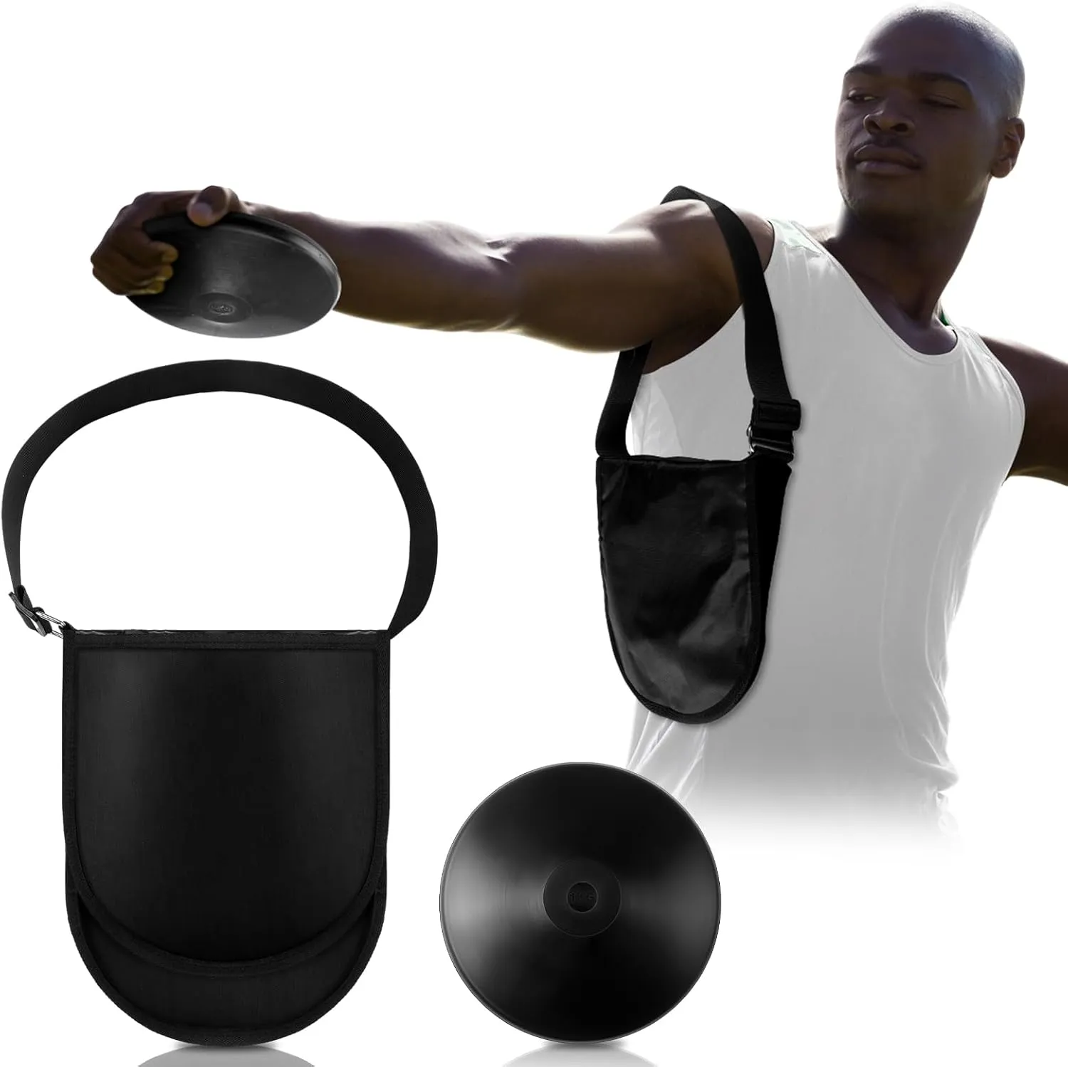 ShinyRelief 2 Pcs Rubber Discus and Discus Shot Carrier Bag 1kg Discus Field Shot Put Discus Carry Bag with 2 Pockets Adjustable Carrying Strap for High School College Thrower Track Field